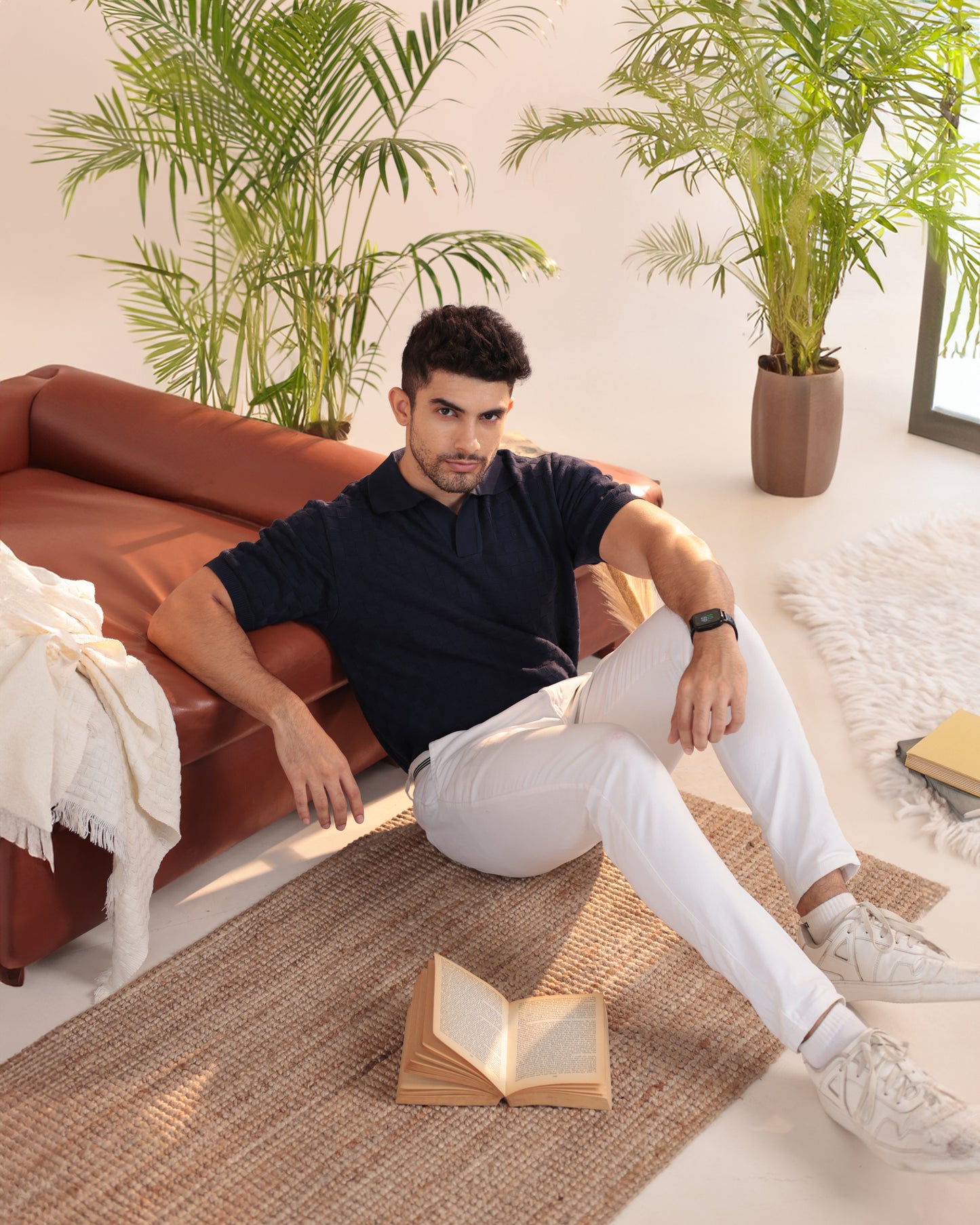 Check textured polo in navy