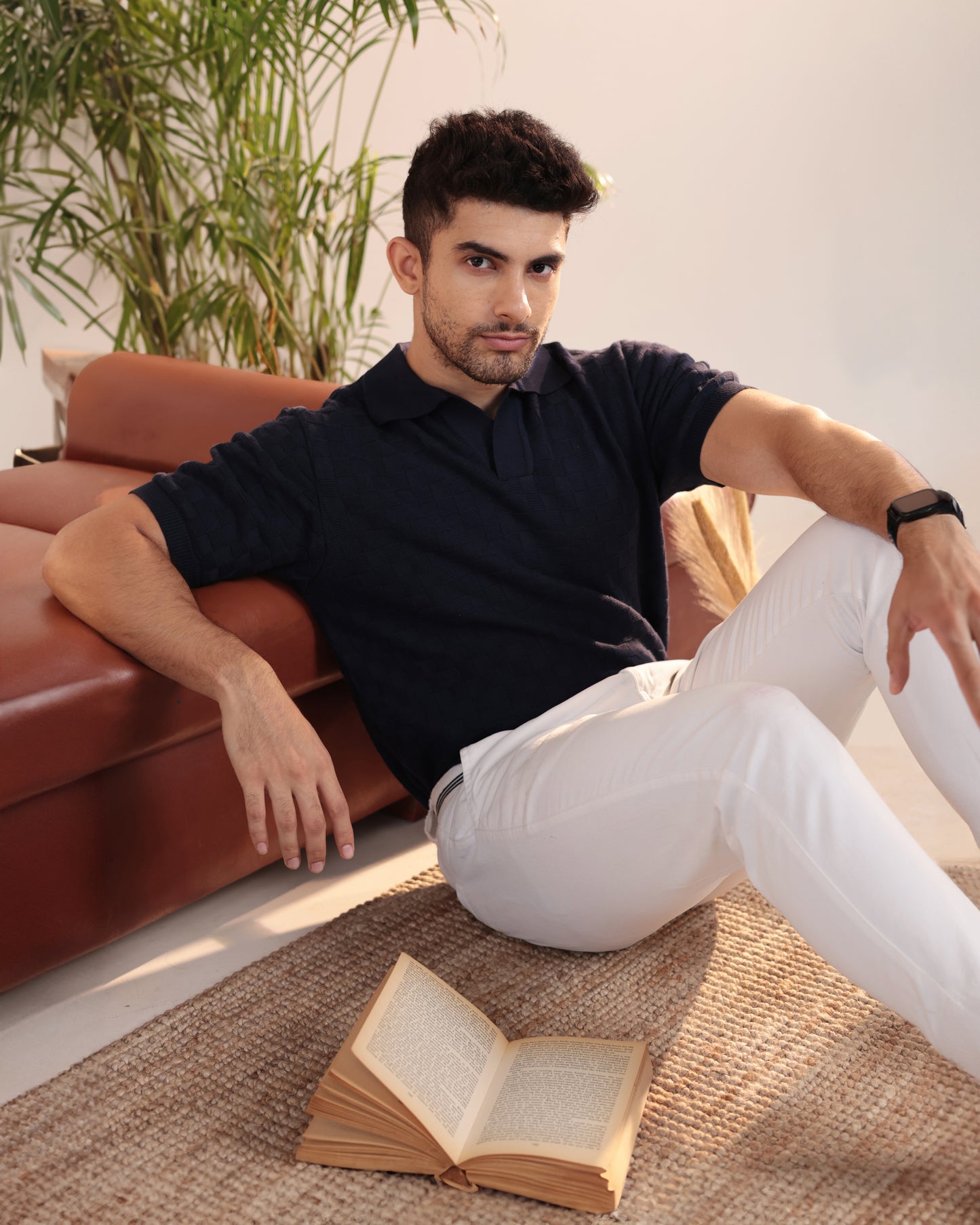 Check textured polo in navy