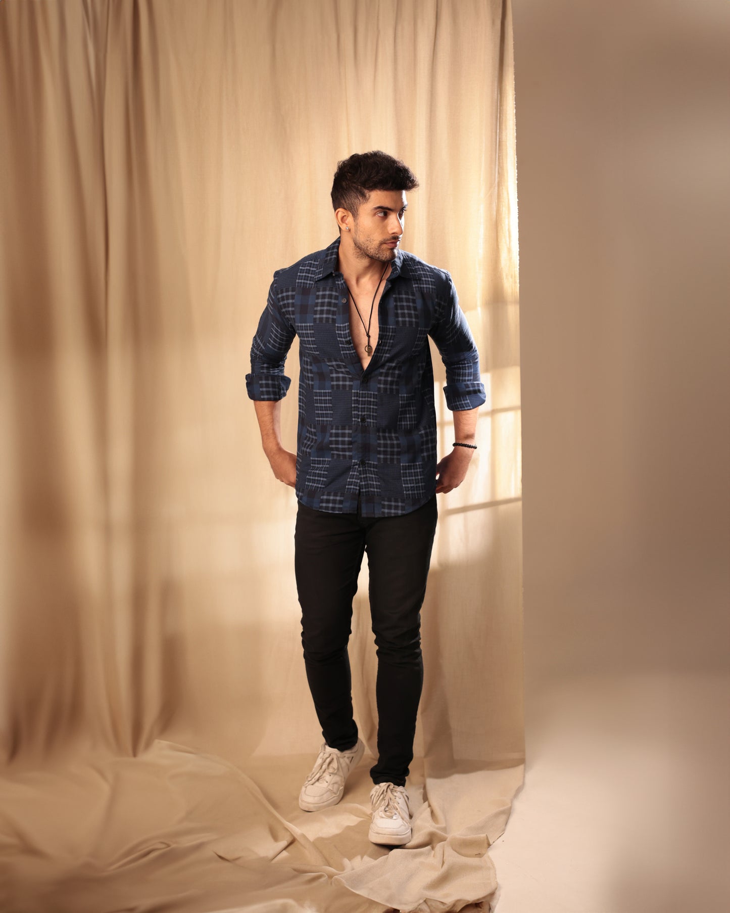 Navy Check patchwork shirt - Dobby