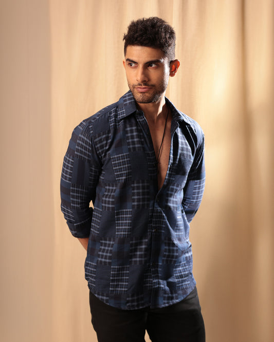 Navy Check patchwork shirt - Dobby