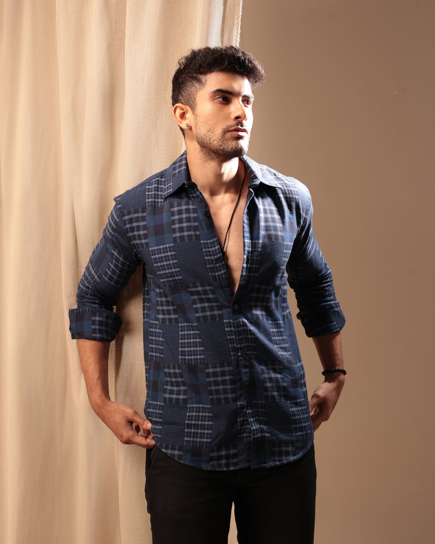 Navy Check patchwork shirt - Dobby