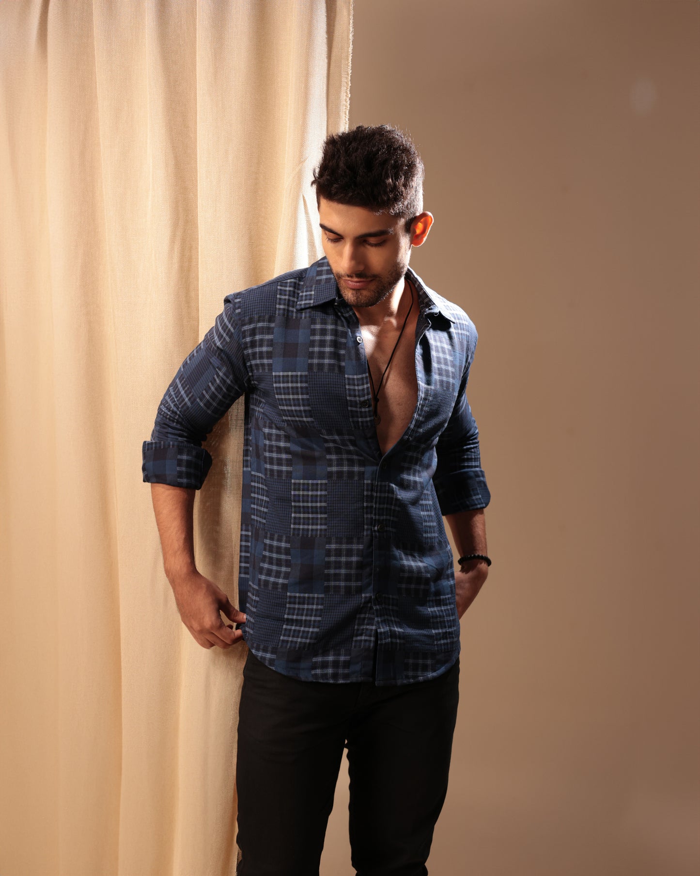 Navy Check patchwork shirt - Dobby