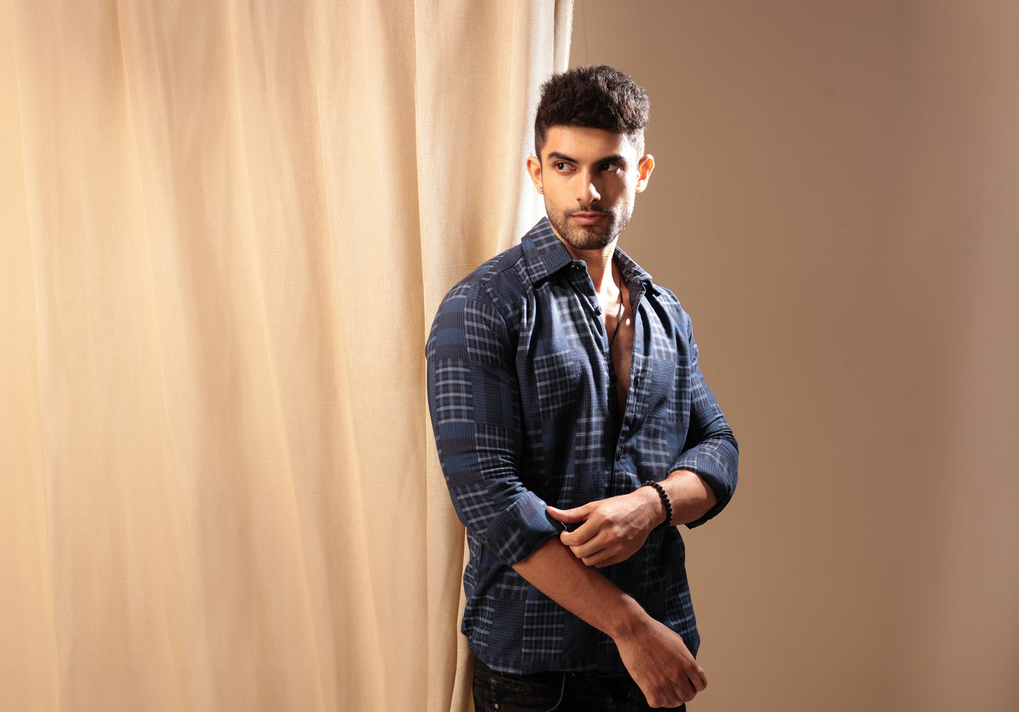 Navy Check patchwork shirt - Dobby