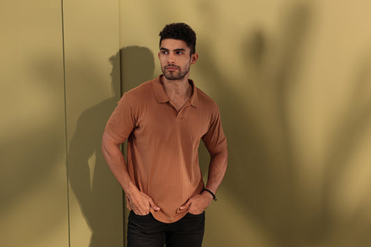 Ribbed textured Polo Tshirt - Tan brown  - Half sleeve