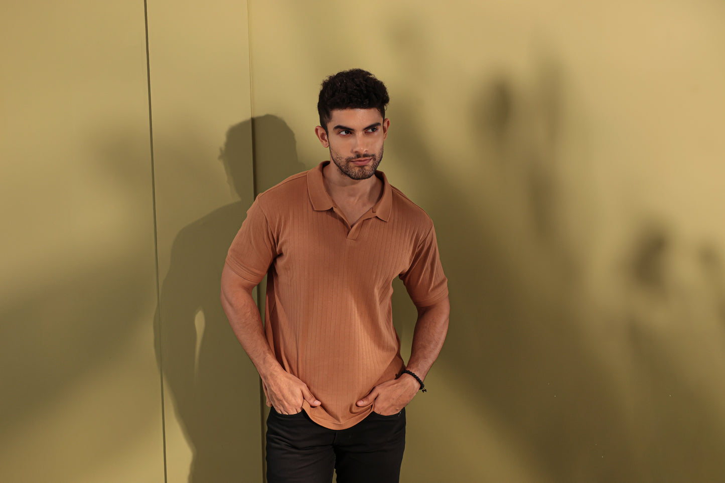 Ribbed textured Polo Tshirt - Tan brown - Half sleeve