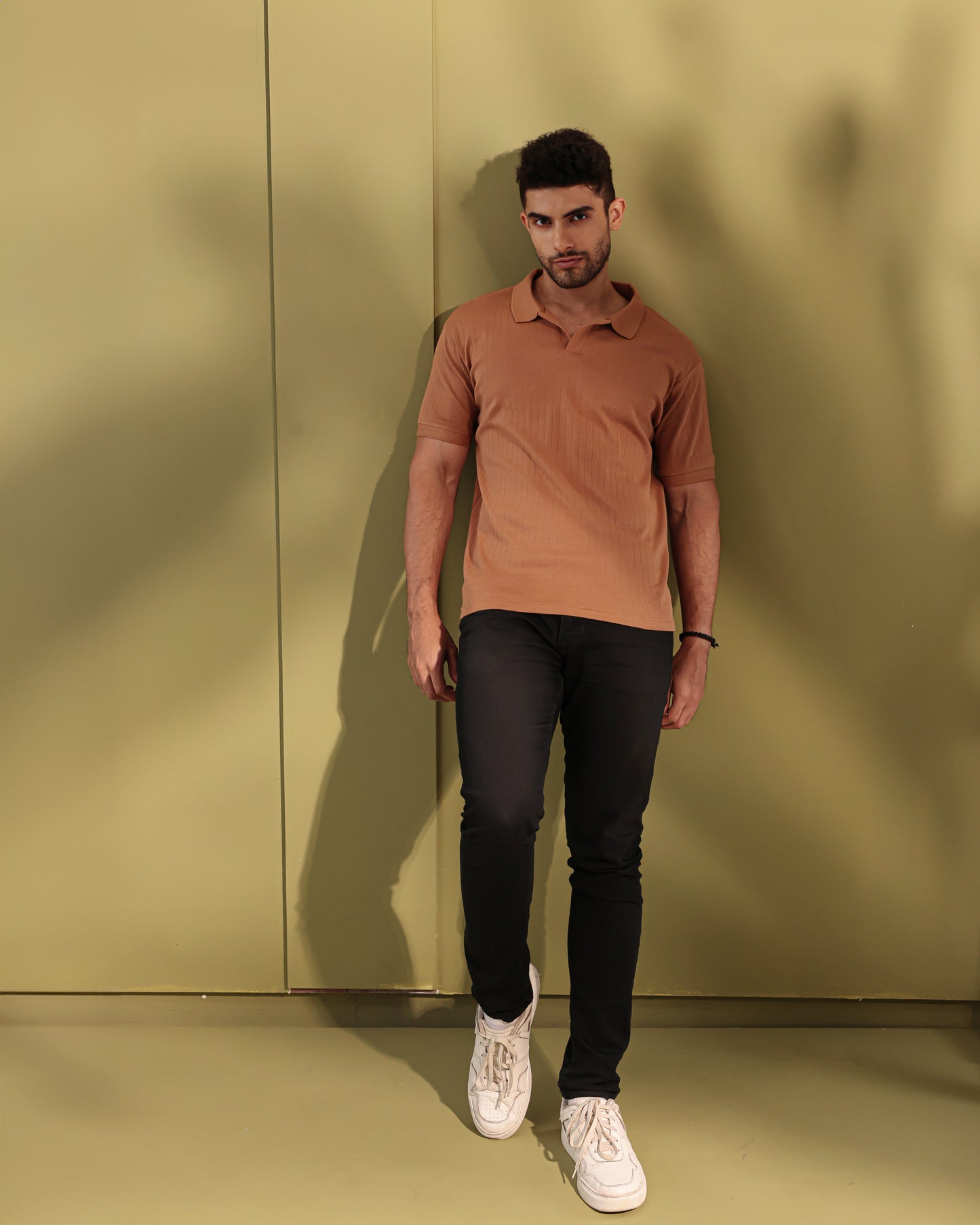 Ribbed textured Polo Tshirt - Tan brown - Half sleeve
