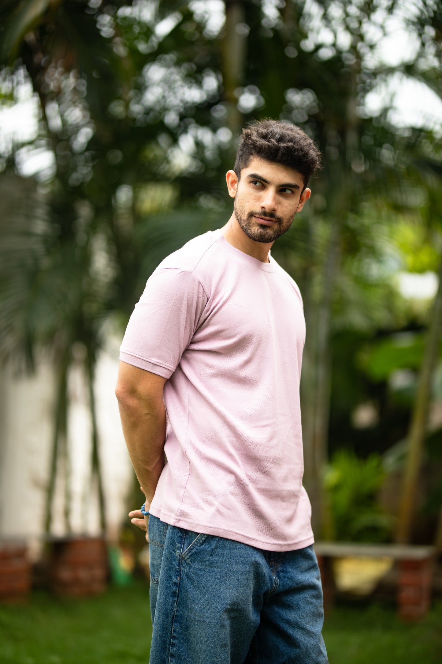 Pointelle muscle fit t-shirt with cuffs in peach