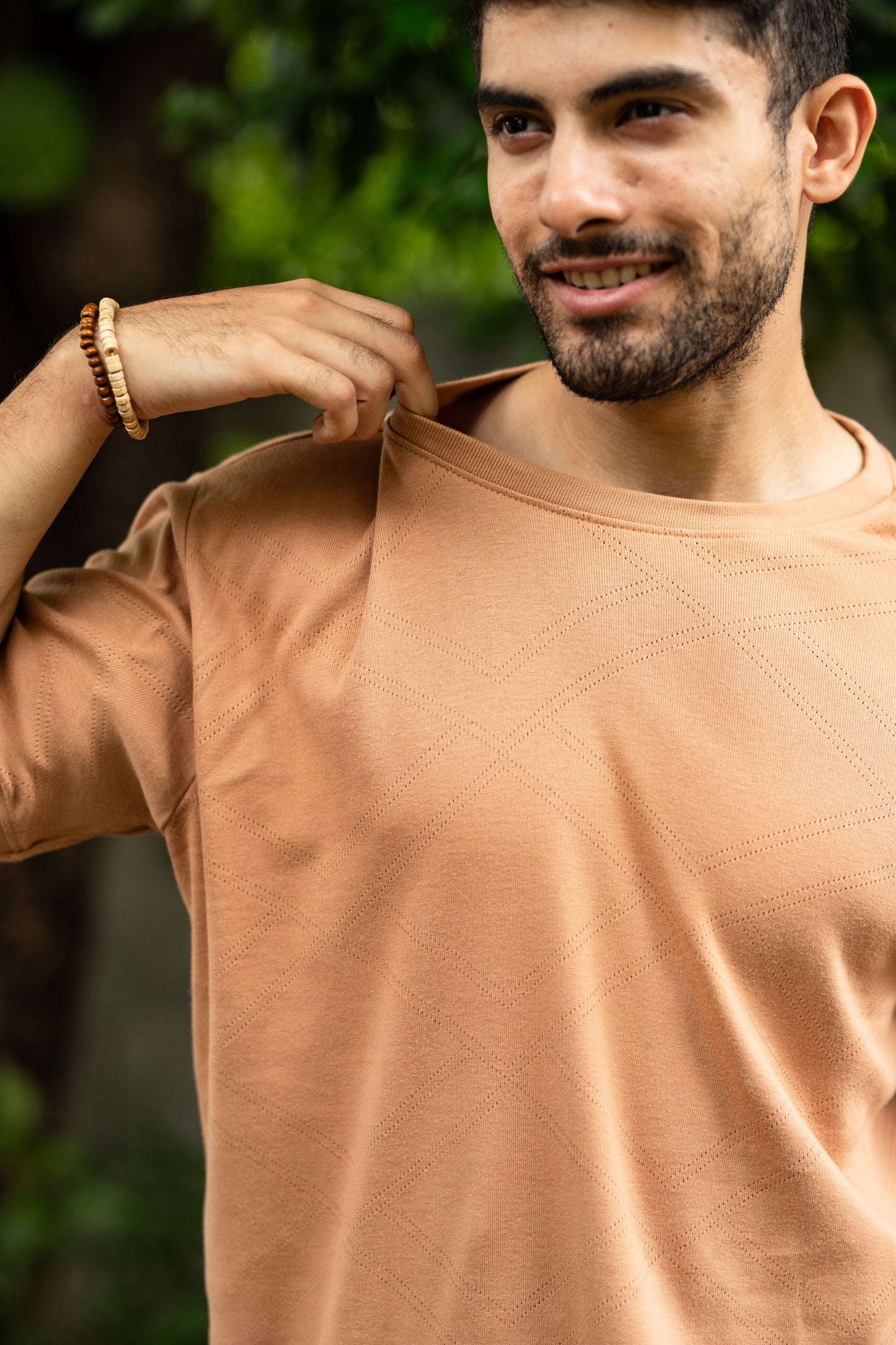 Pointelle muscle fit t-shirt with cuffs in Tan