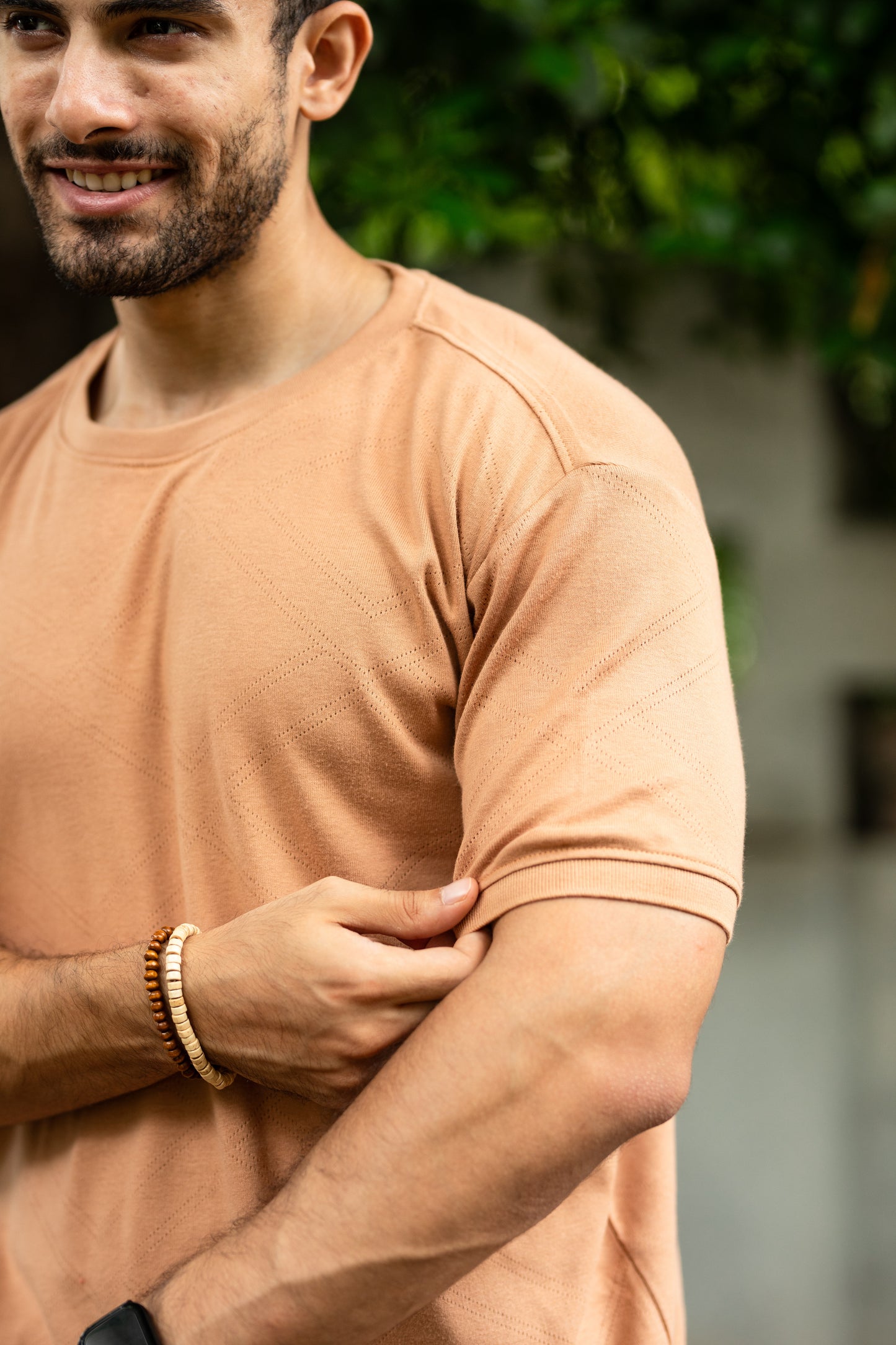 Pointelle muscle fit t-shirt with cuffs in Tan