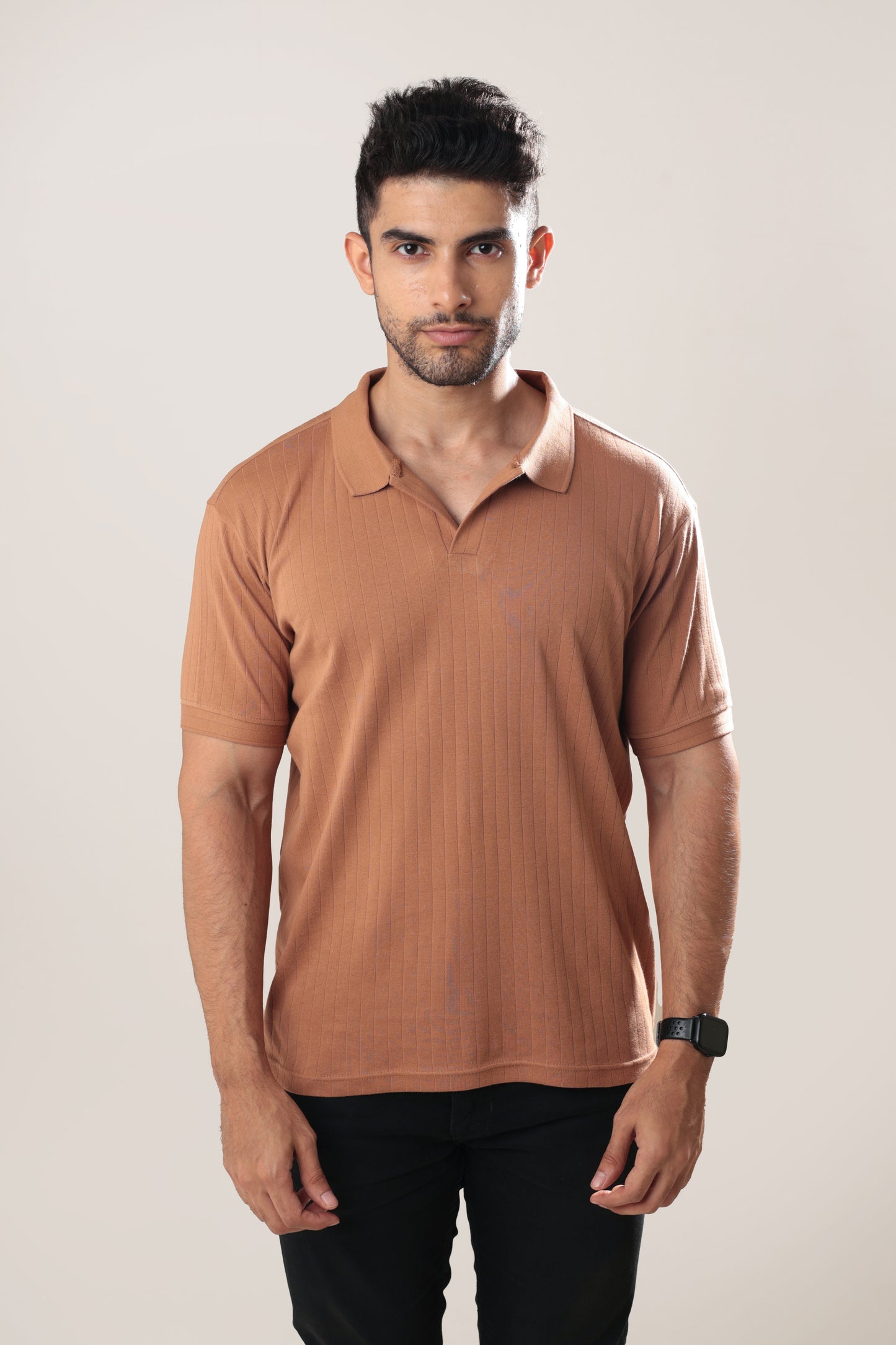 Ribbed textured Polo Tshirt - Tan brown - Half sleeve