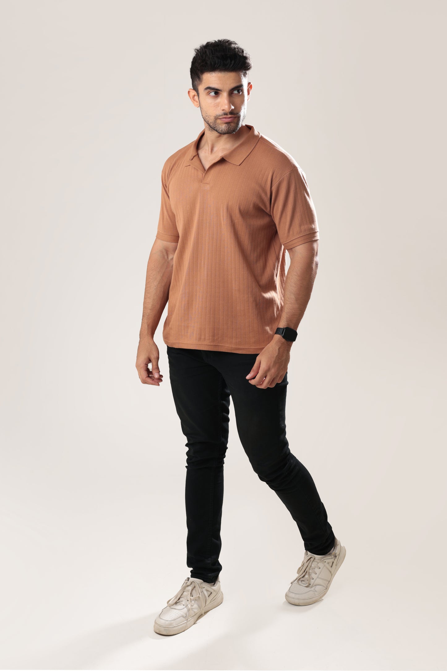 Ribbed textured Polo Tshirt - Tan brown - Half sleeve