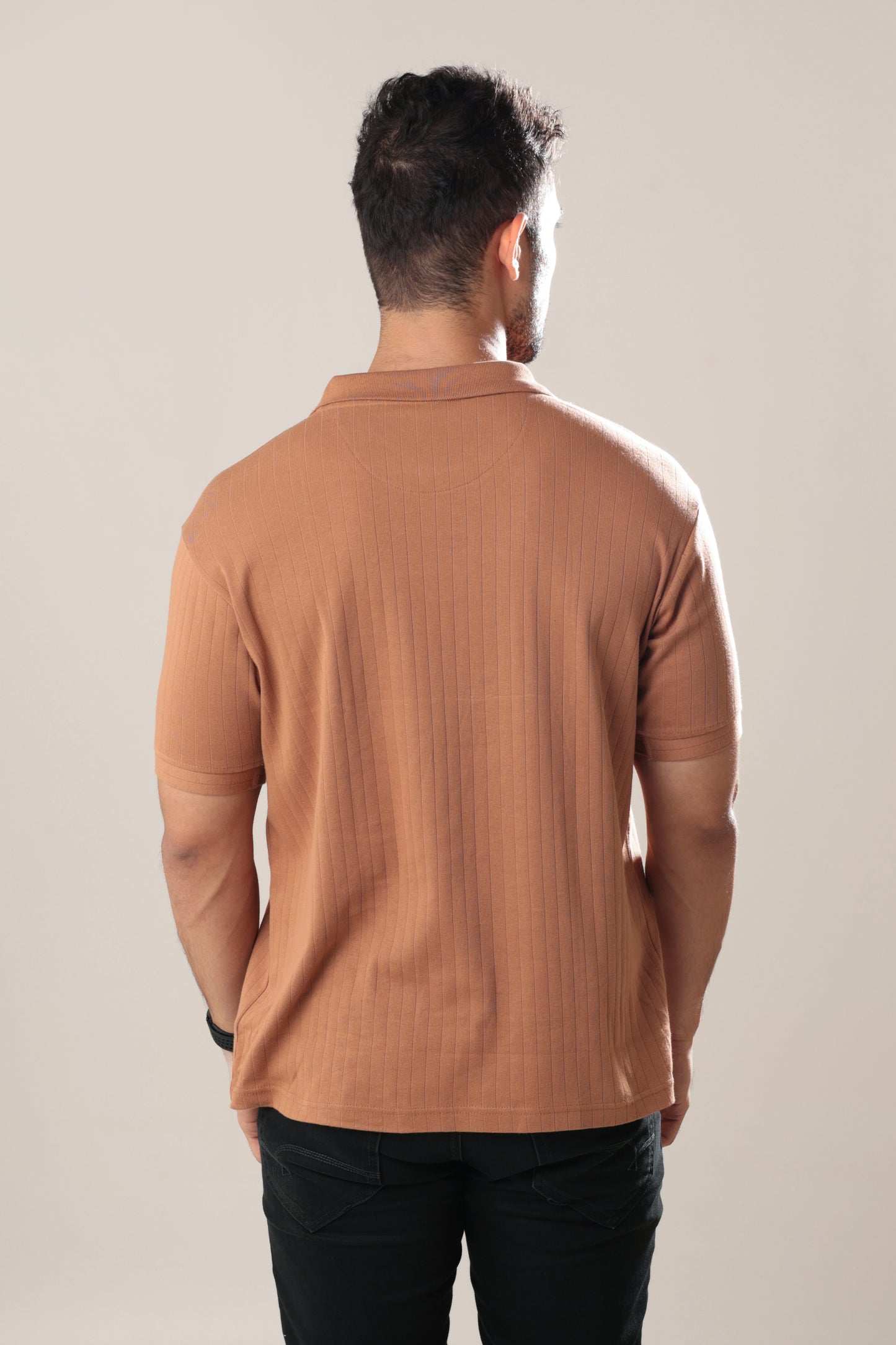 Ribbed textured Polo Tshirt - Tan brown - Half sleeve