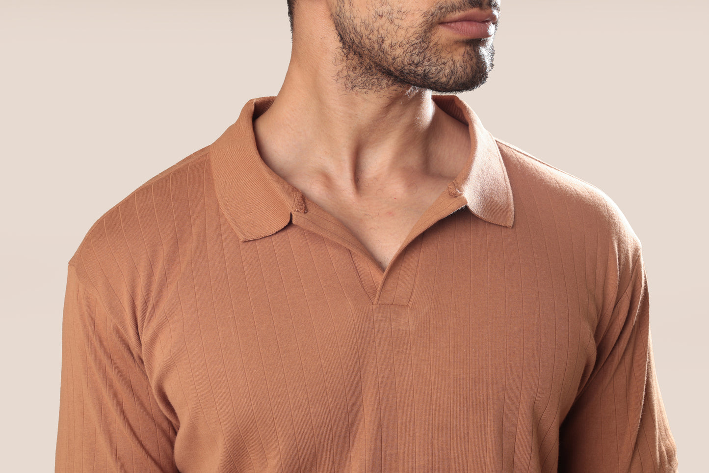 Ribbed textured Polo Tshirt - Tan brown - Half sleeve