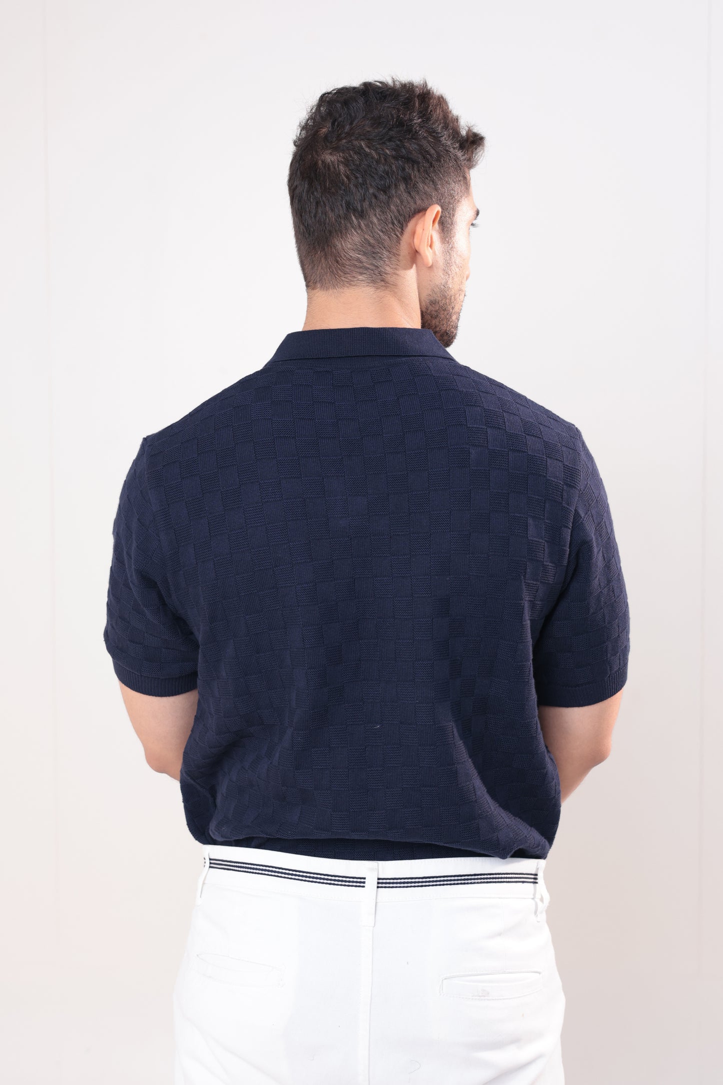 Check textured polo in navy