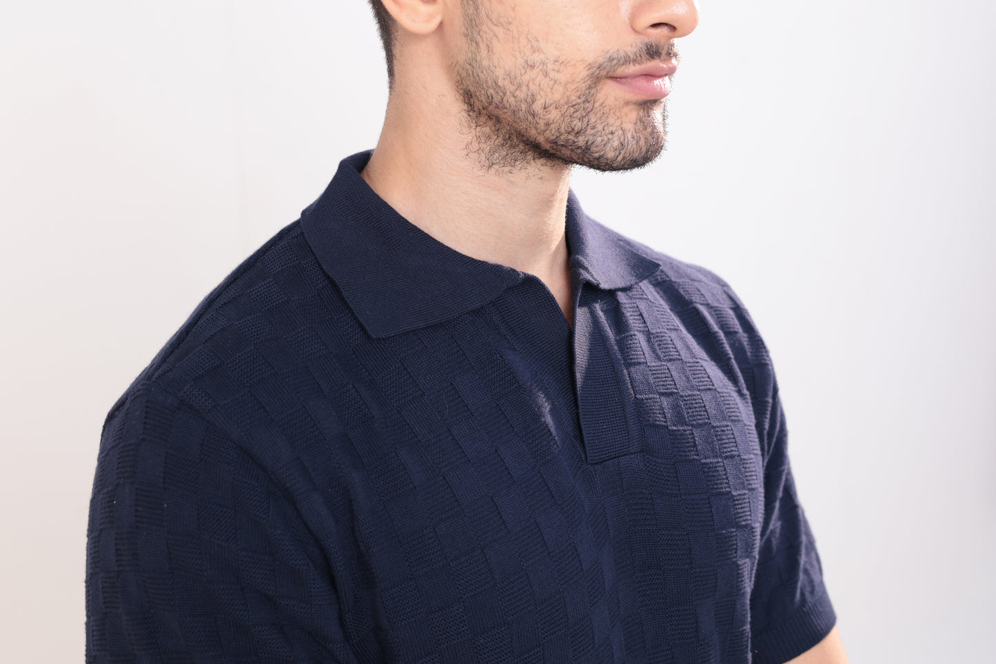 Check textured polo in navy