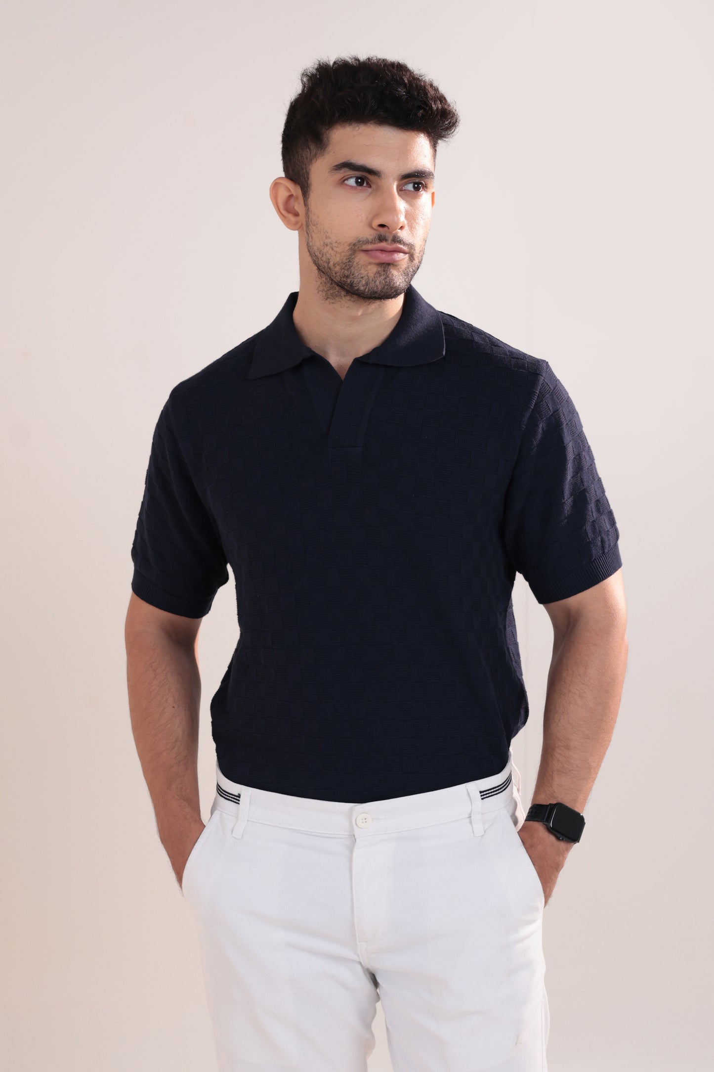 Check textured polo in navy