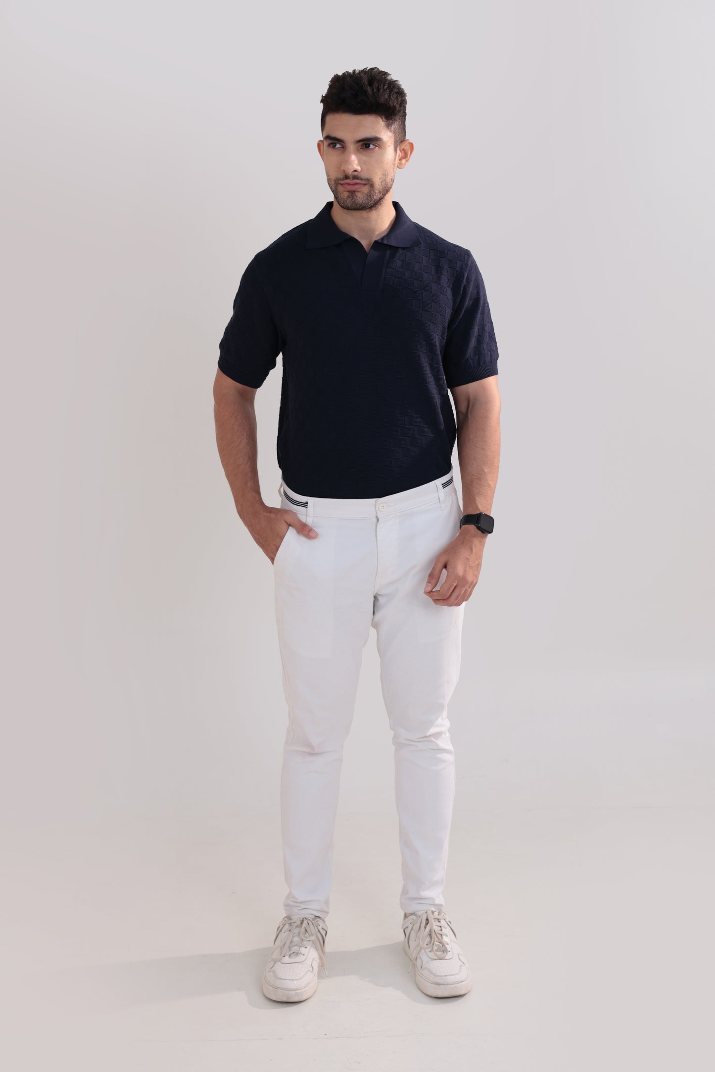 Check textured polo in navy