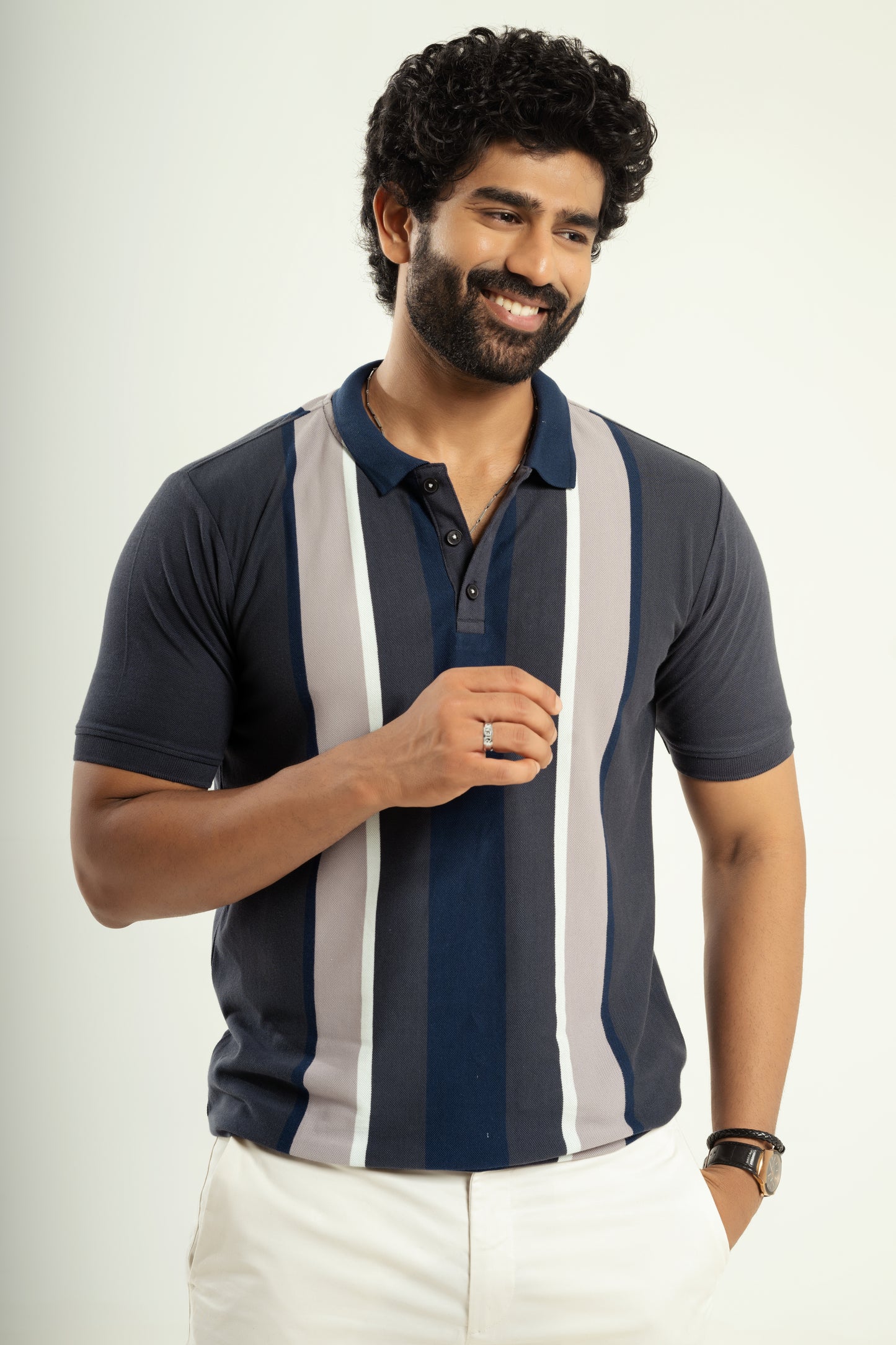 Striped jacquard polo t shirt in blue