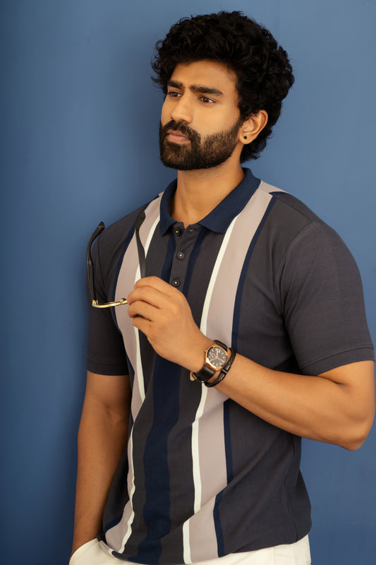 Striped jacquard polo t shirt in blue