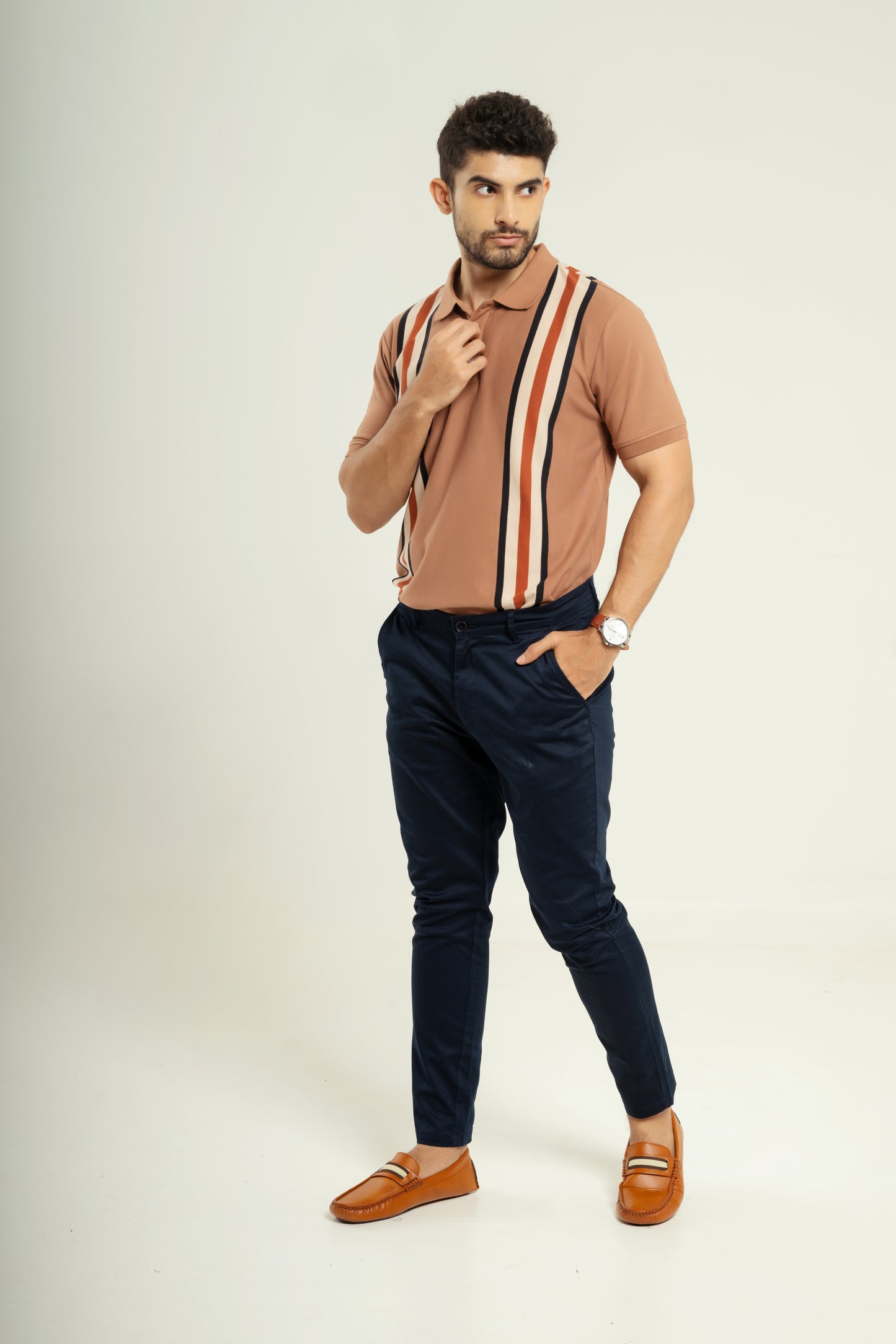 Striped jacquard polo t shirt in beige