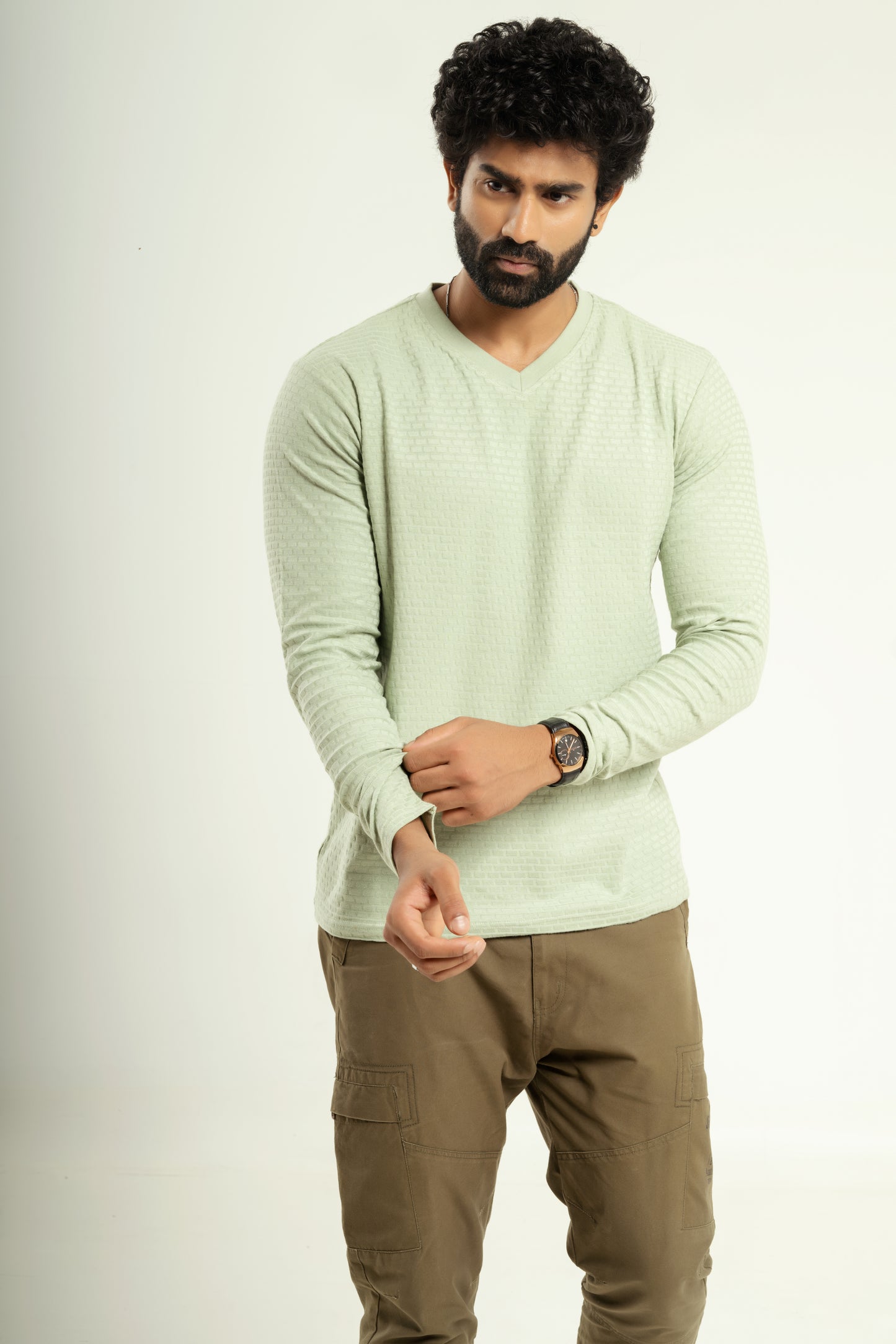 Textured full sleeve t shirt in light green