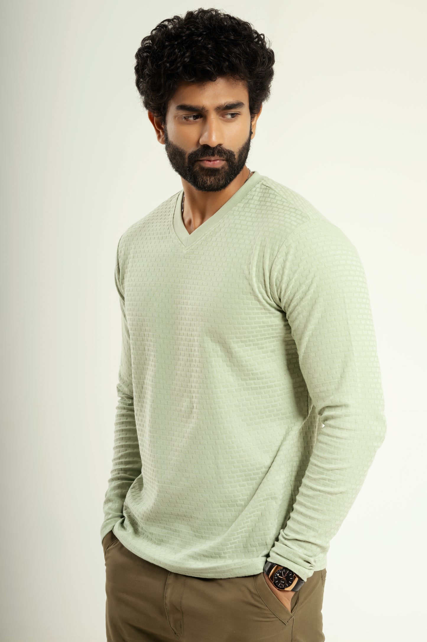 Textured full sleeve t shirt in light green