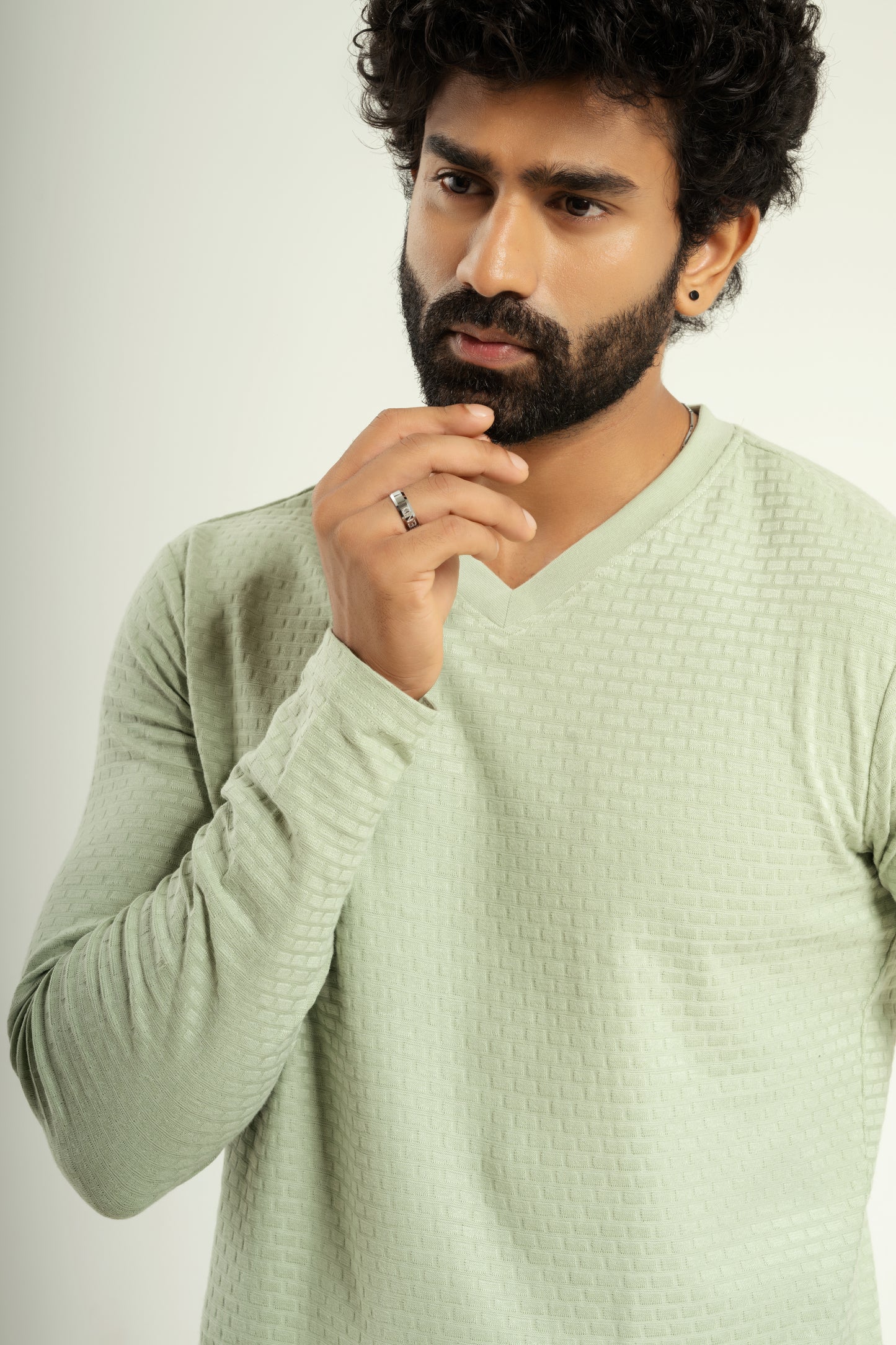 Textured full sleeve t shirt in light green