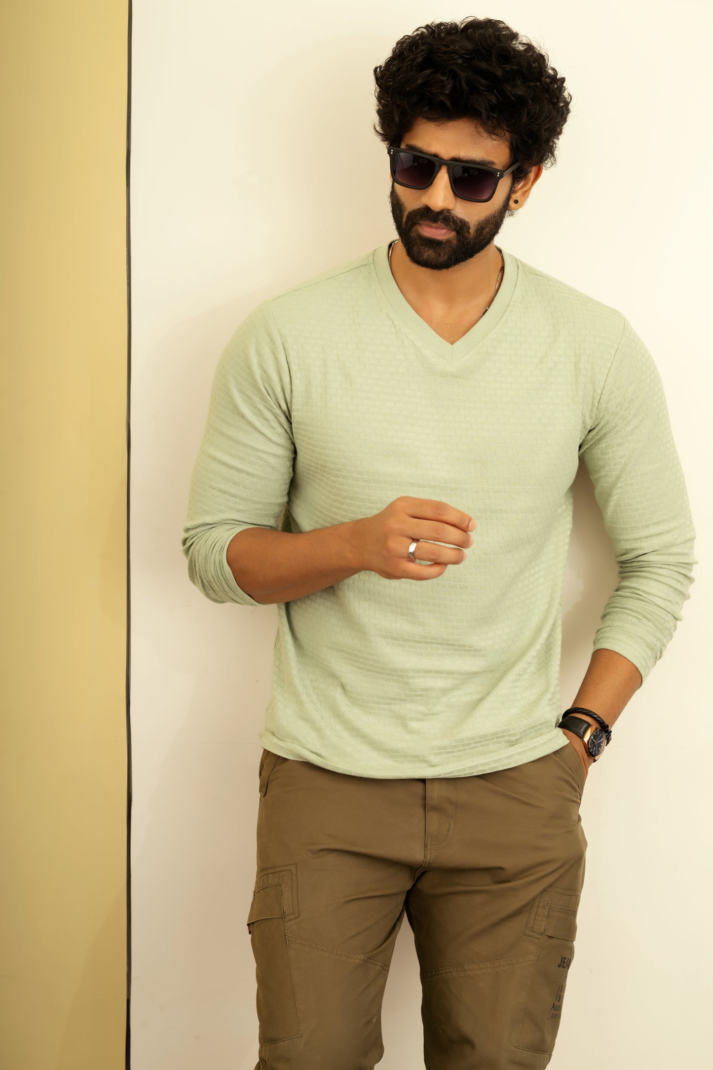 Textured full sleeve t shirt in light green