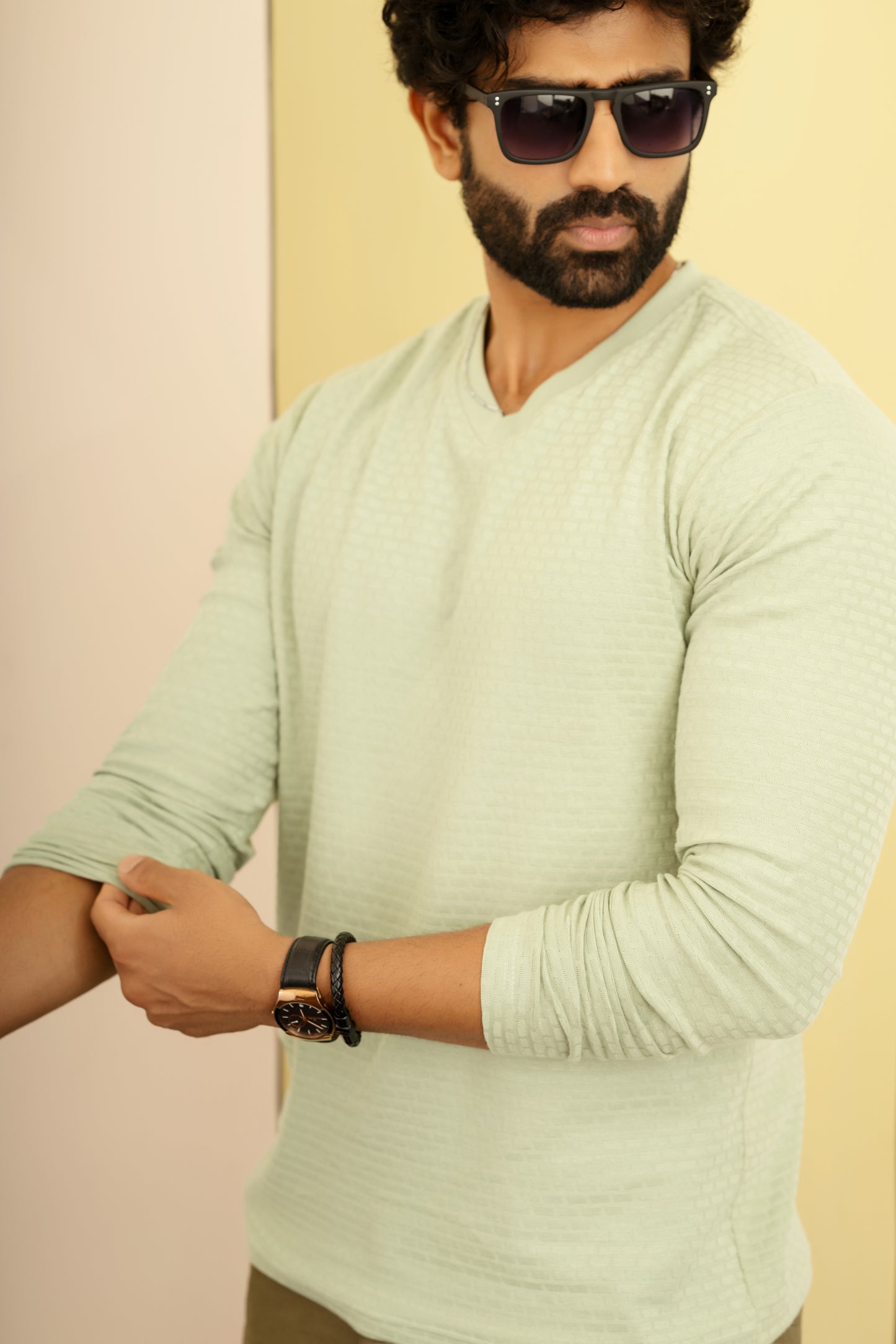 Textured full sleeve t shirt in light green