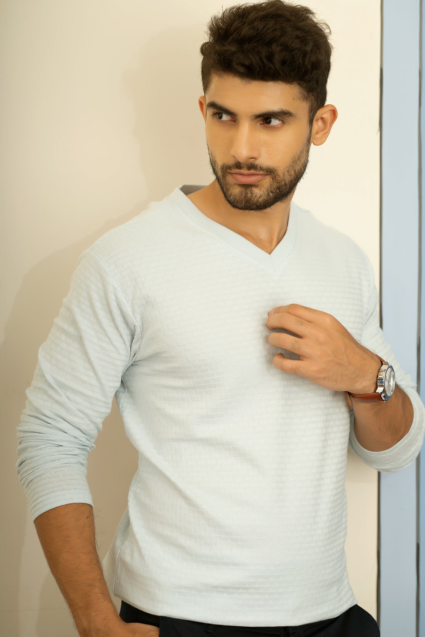 Textured full sleeve t shirt in blue