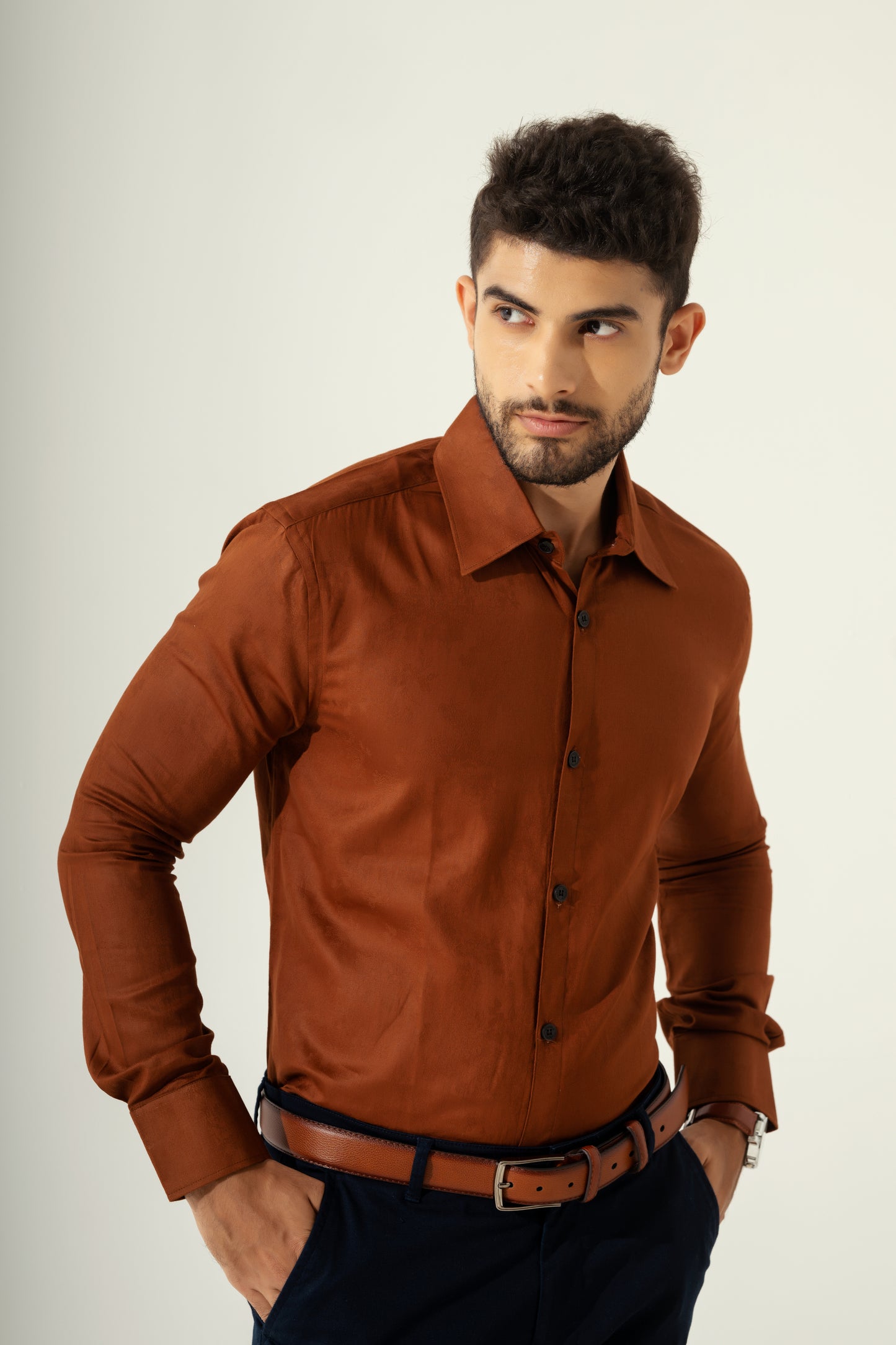 Brown jacquard satin shirt