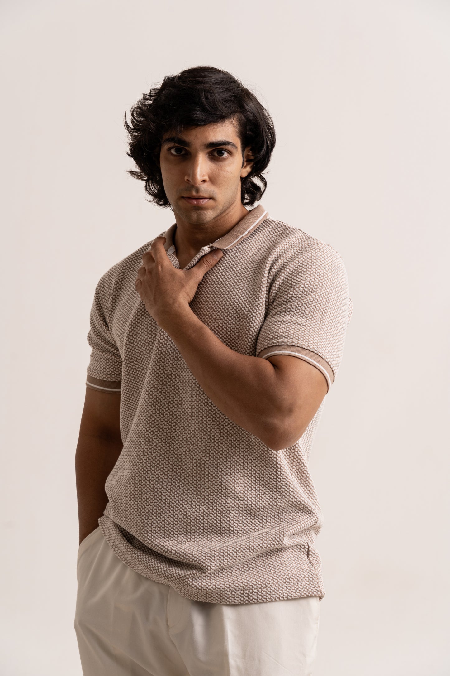 Micro two tone checkered board pattern polo neck half sleeve tshirt