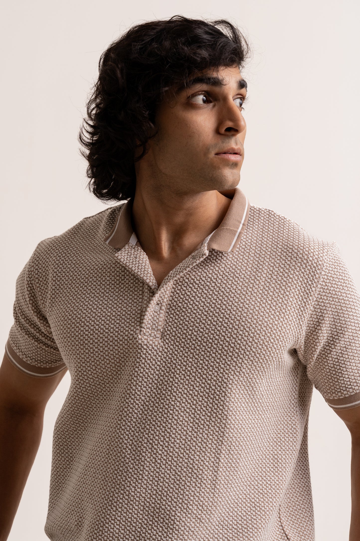 Micro two tone checkered board pattern polo neck half sleeve tshirt