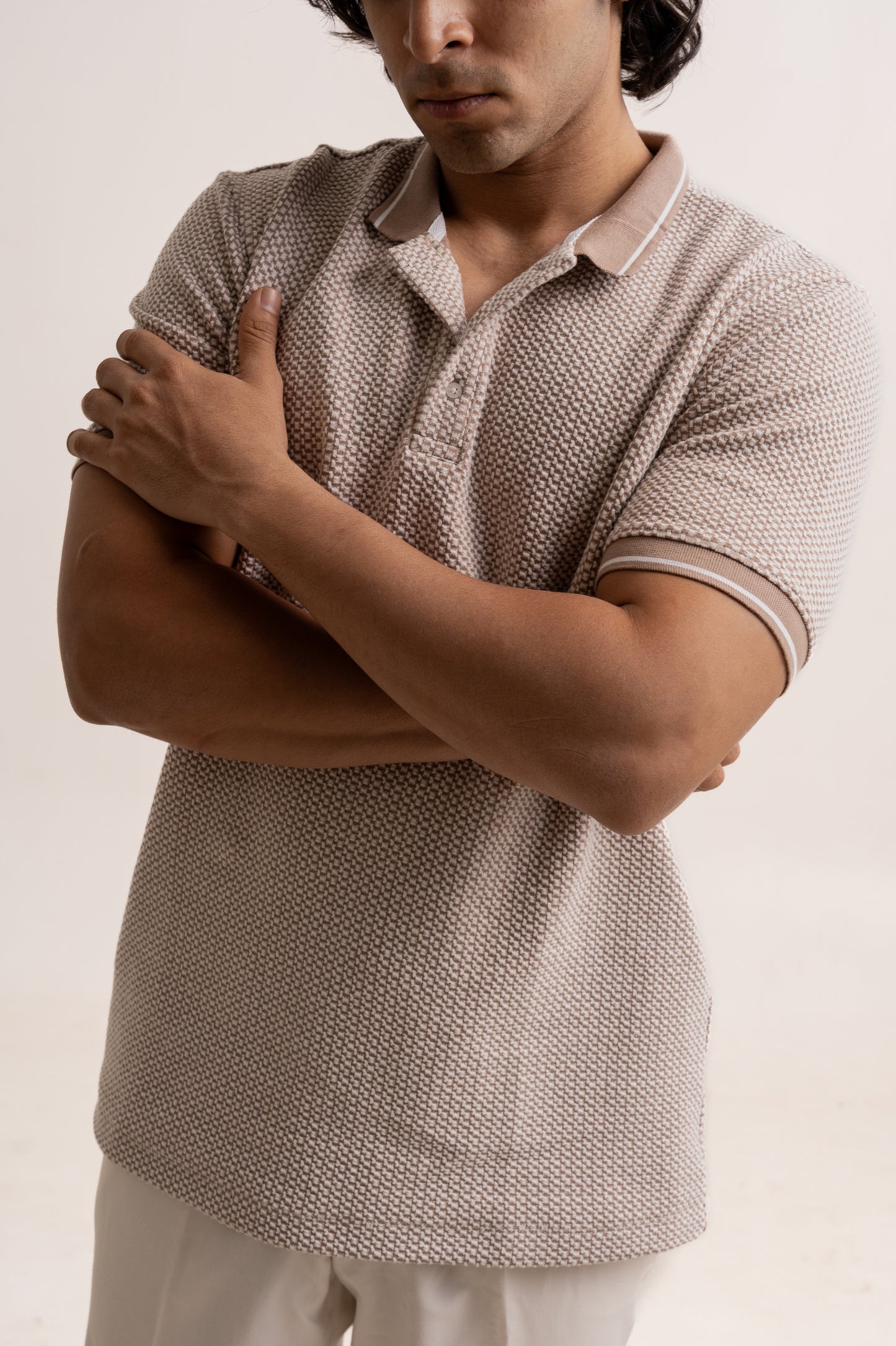 Micro two tone checkered board pattern polo neck half sleeve tshirt