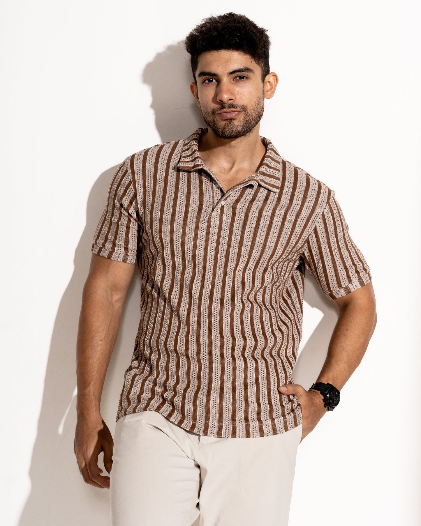 Ottoman stripe polo neck tshirt half sleeve