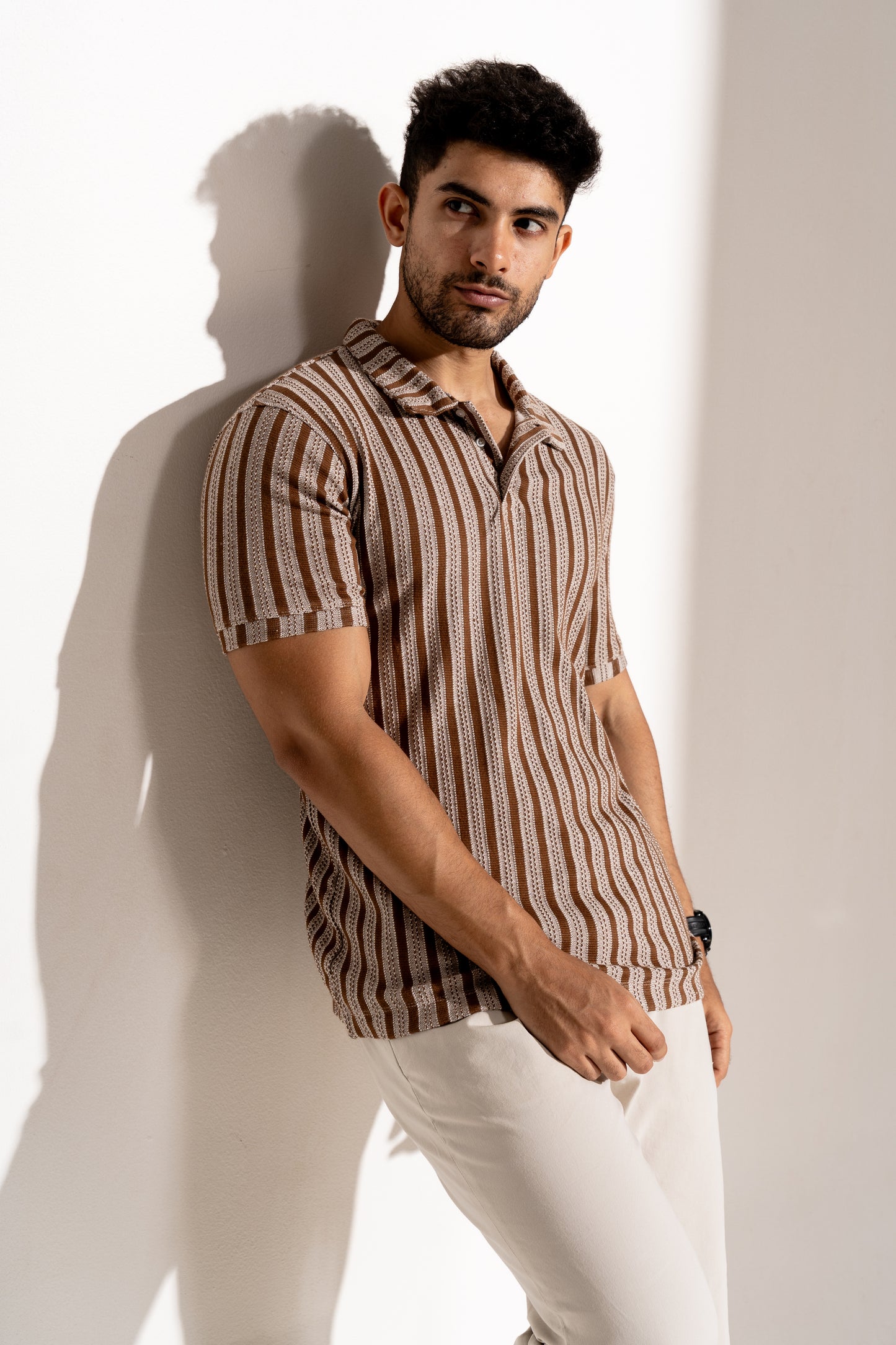 Ottoman stripe polo neck tshirt half sleeve