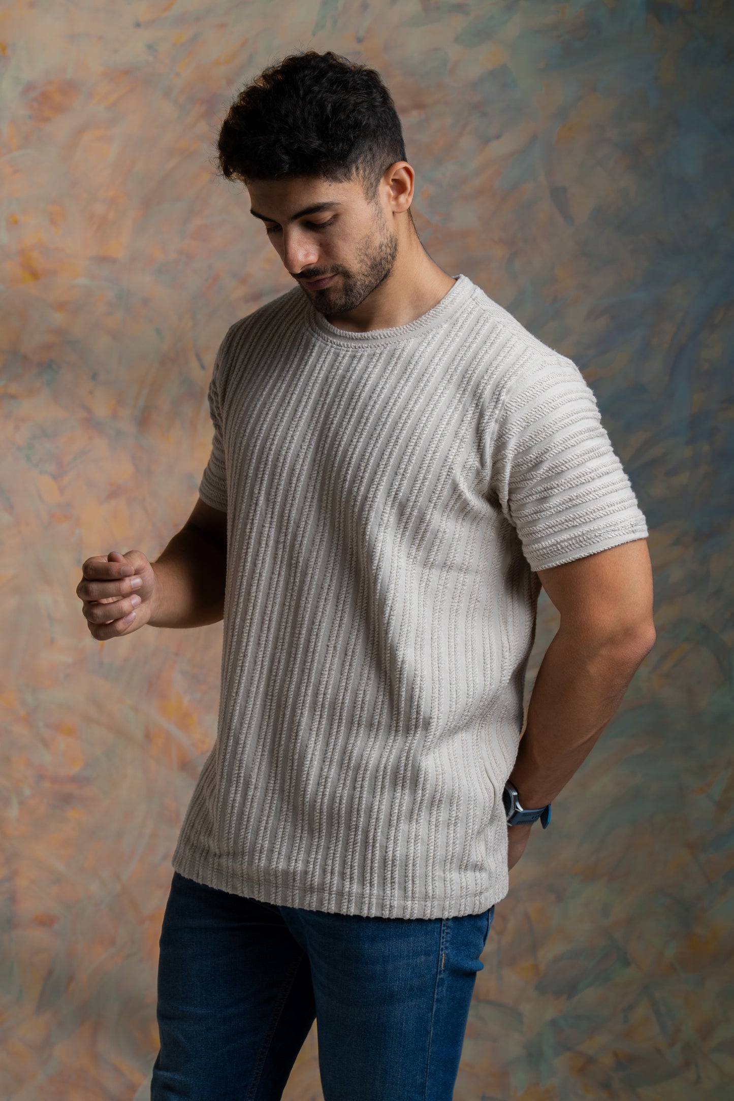 Rib knit crew neck half sleeve tshirt in Beige