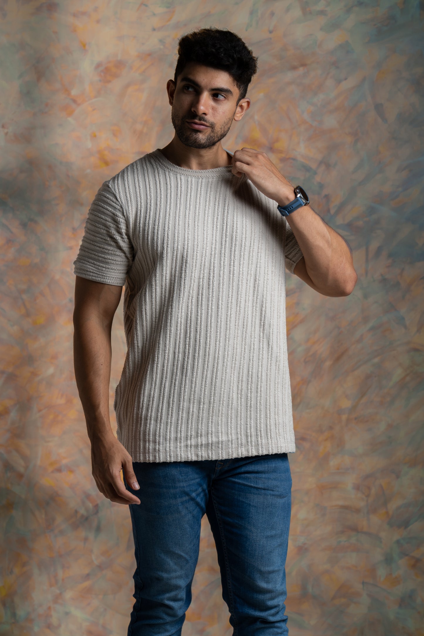 Rib knit crew neck half sleeve tshirt in Beige