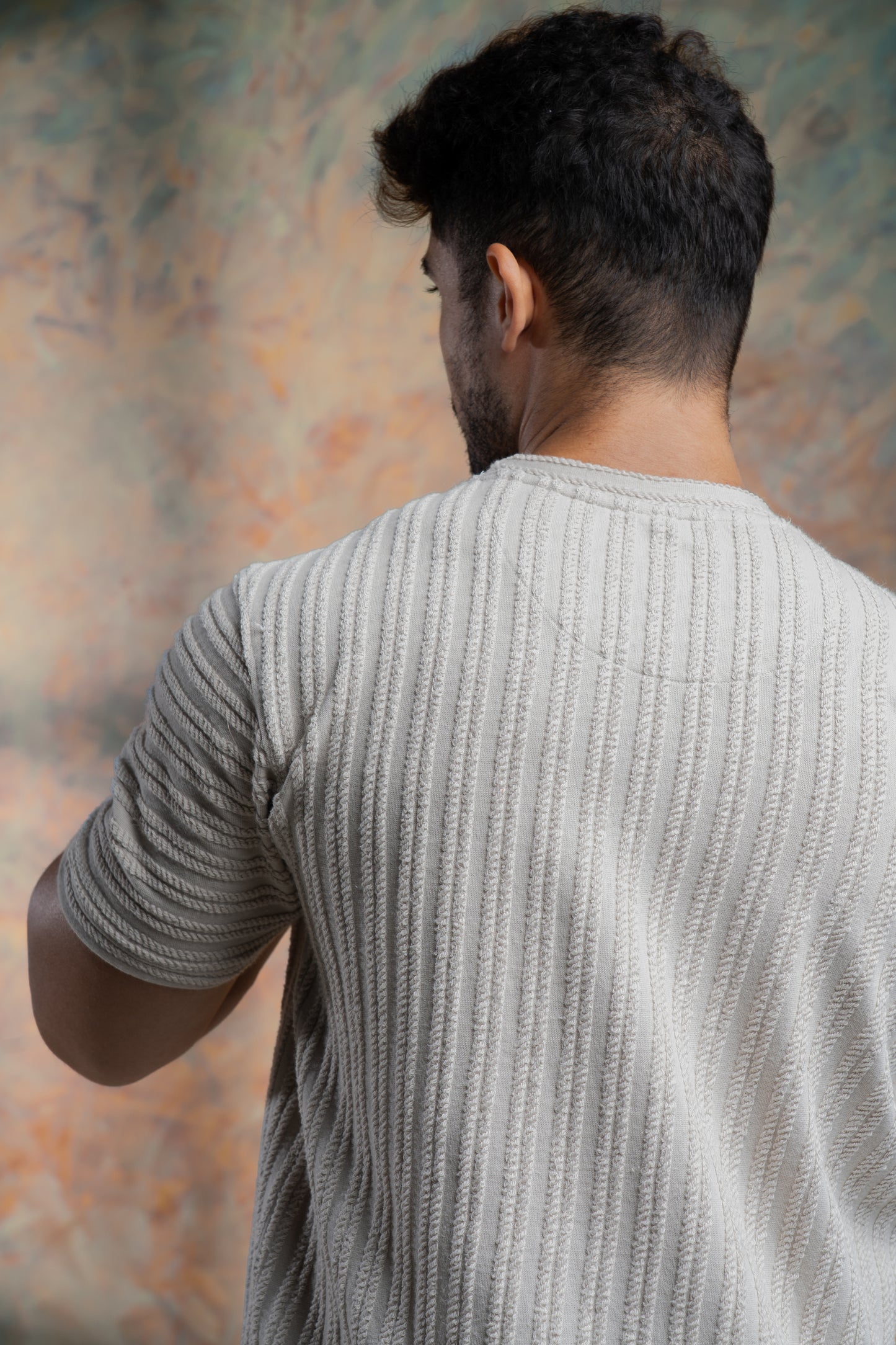 Rib knit crew neck half sleeve tshirt in Beige