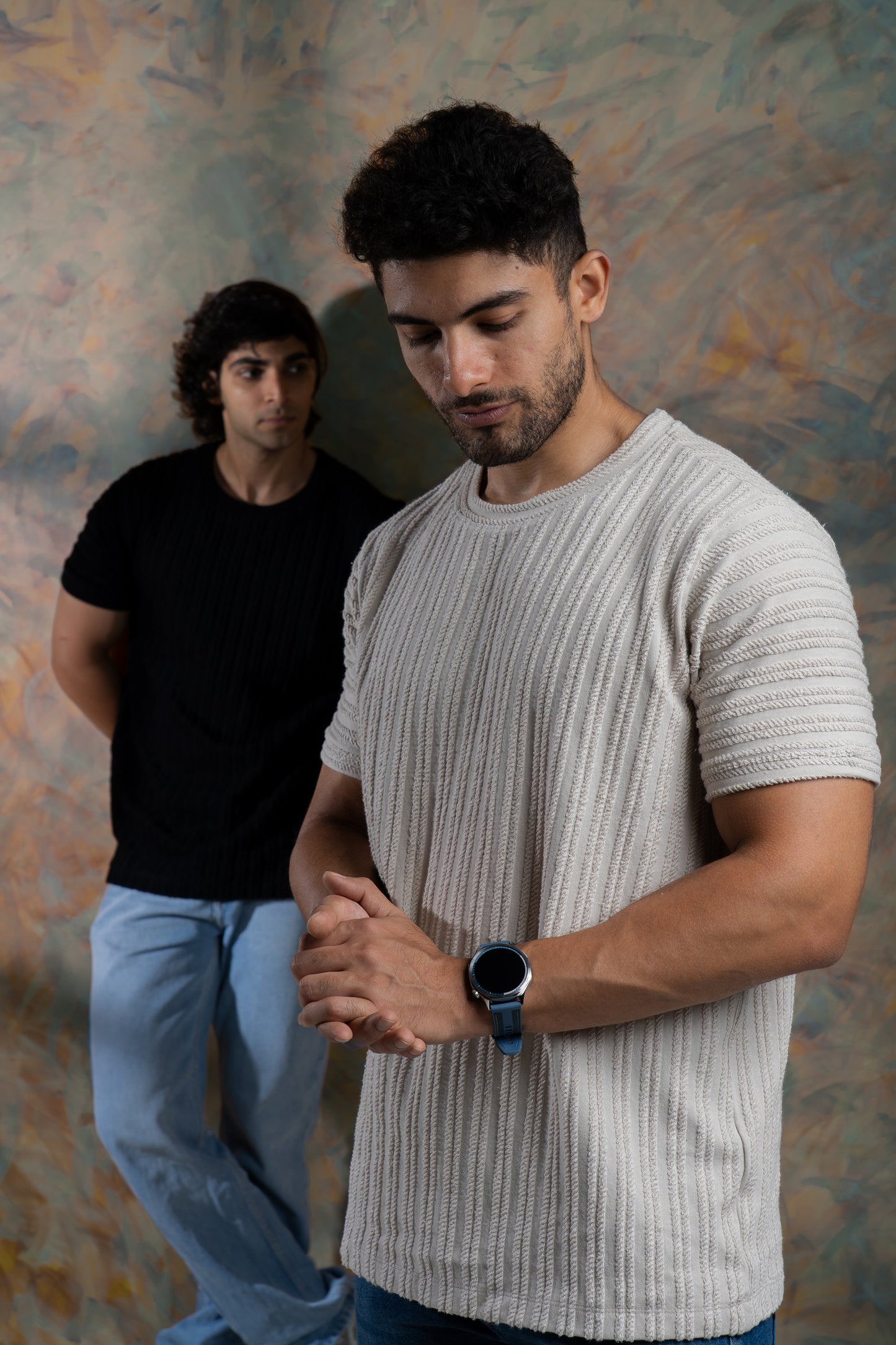 Rib knit crew neck half sleeve tshirt in Beige