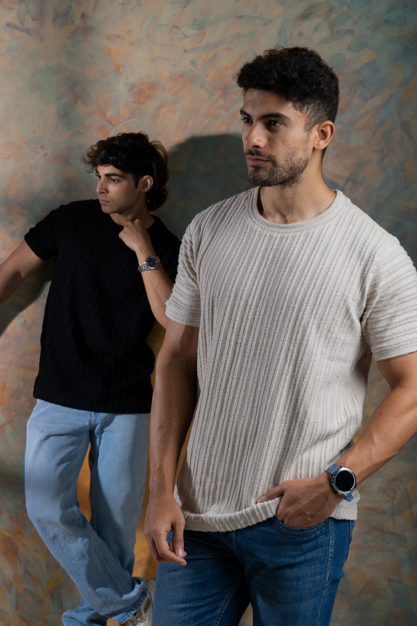 Rib knit crew neck half sleeve tshirt in Beige