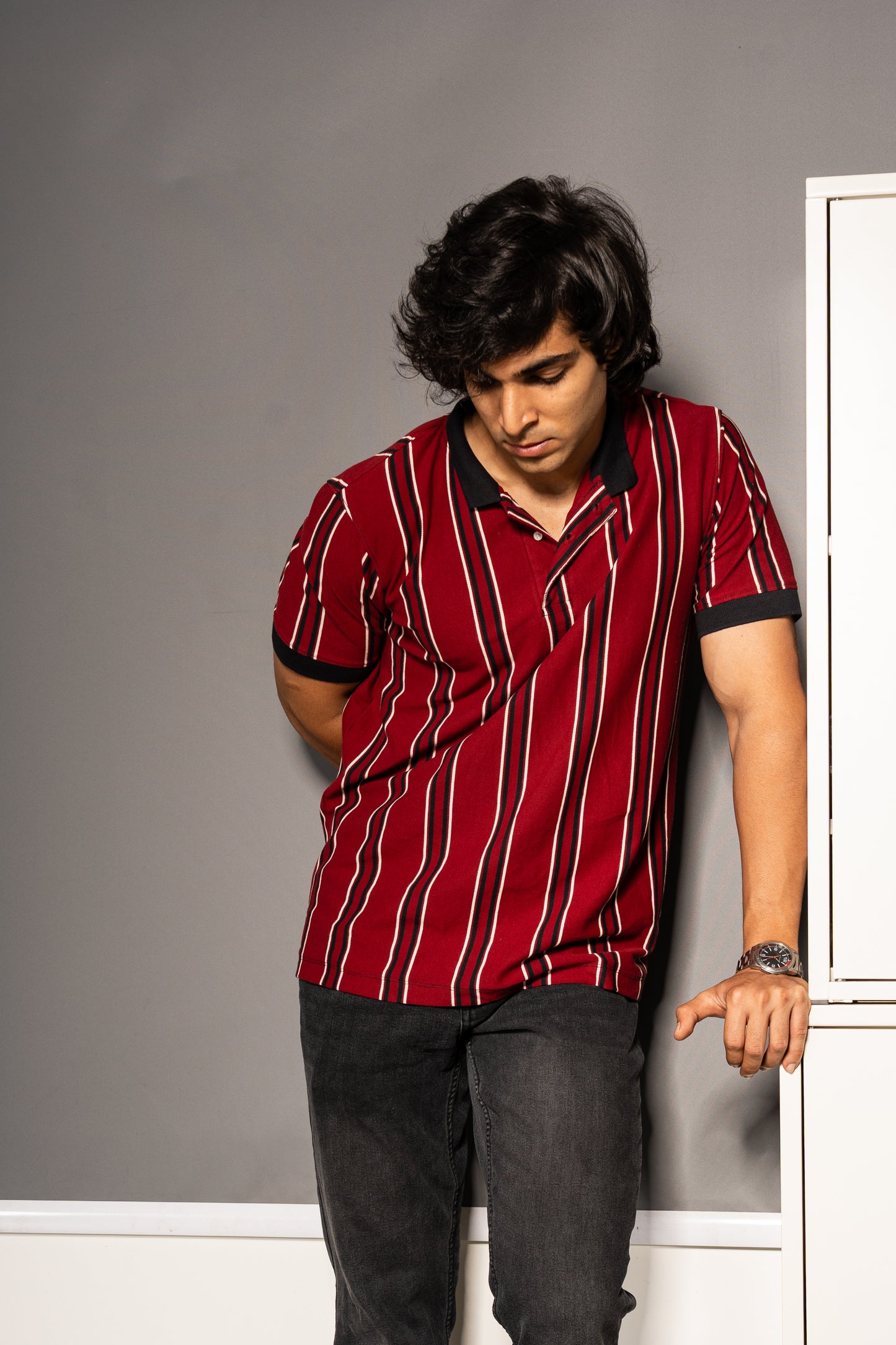 Regency stripe knit polo neck tshirt in red