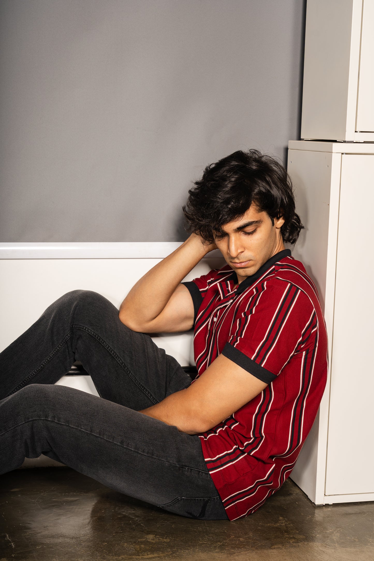 Regency stripe knit polo neck tshirt in red