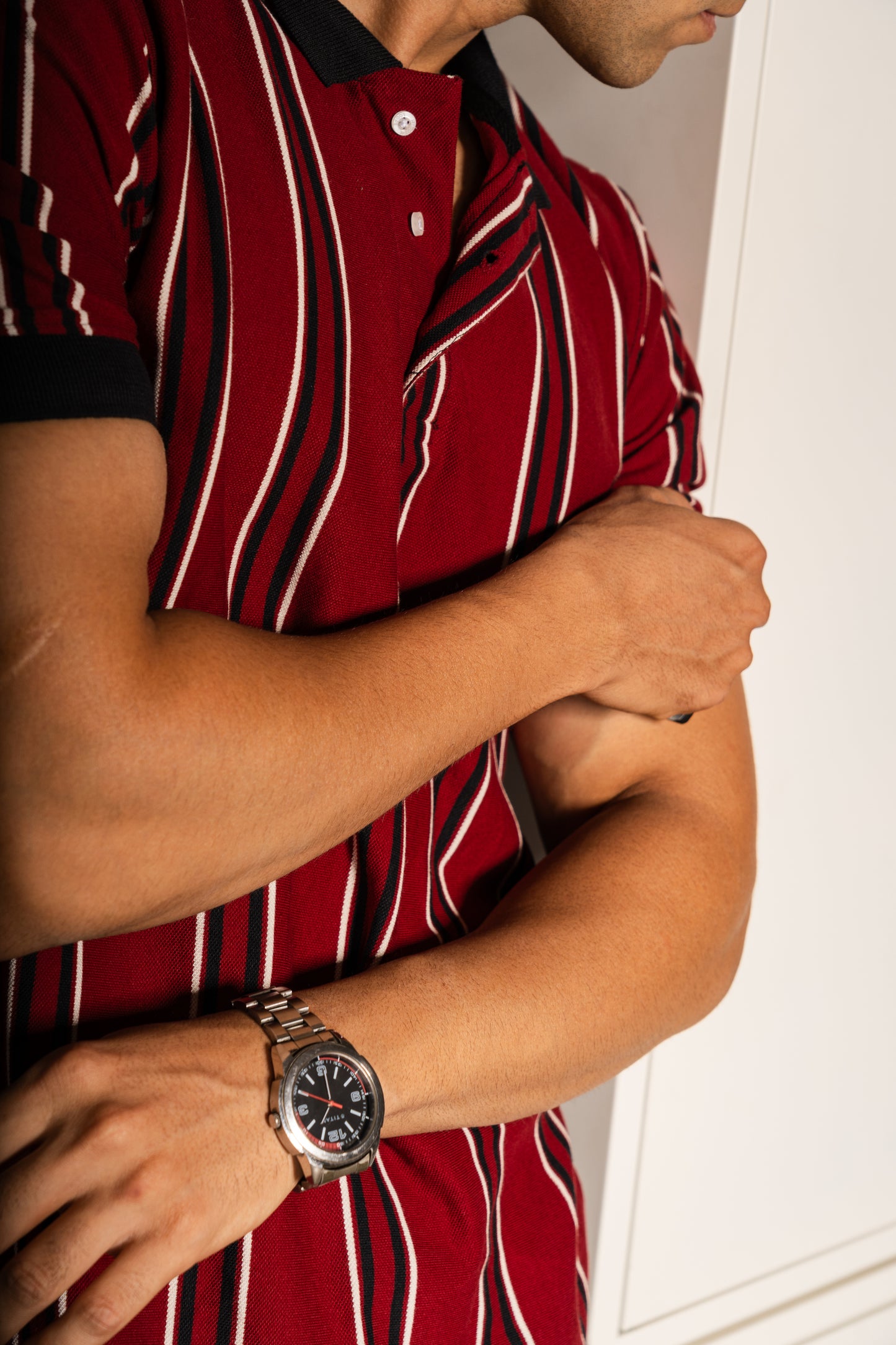 Regency stripe knit polo neck tshirt in red