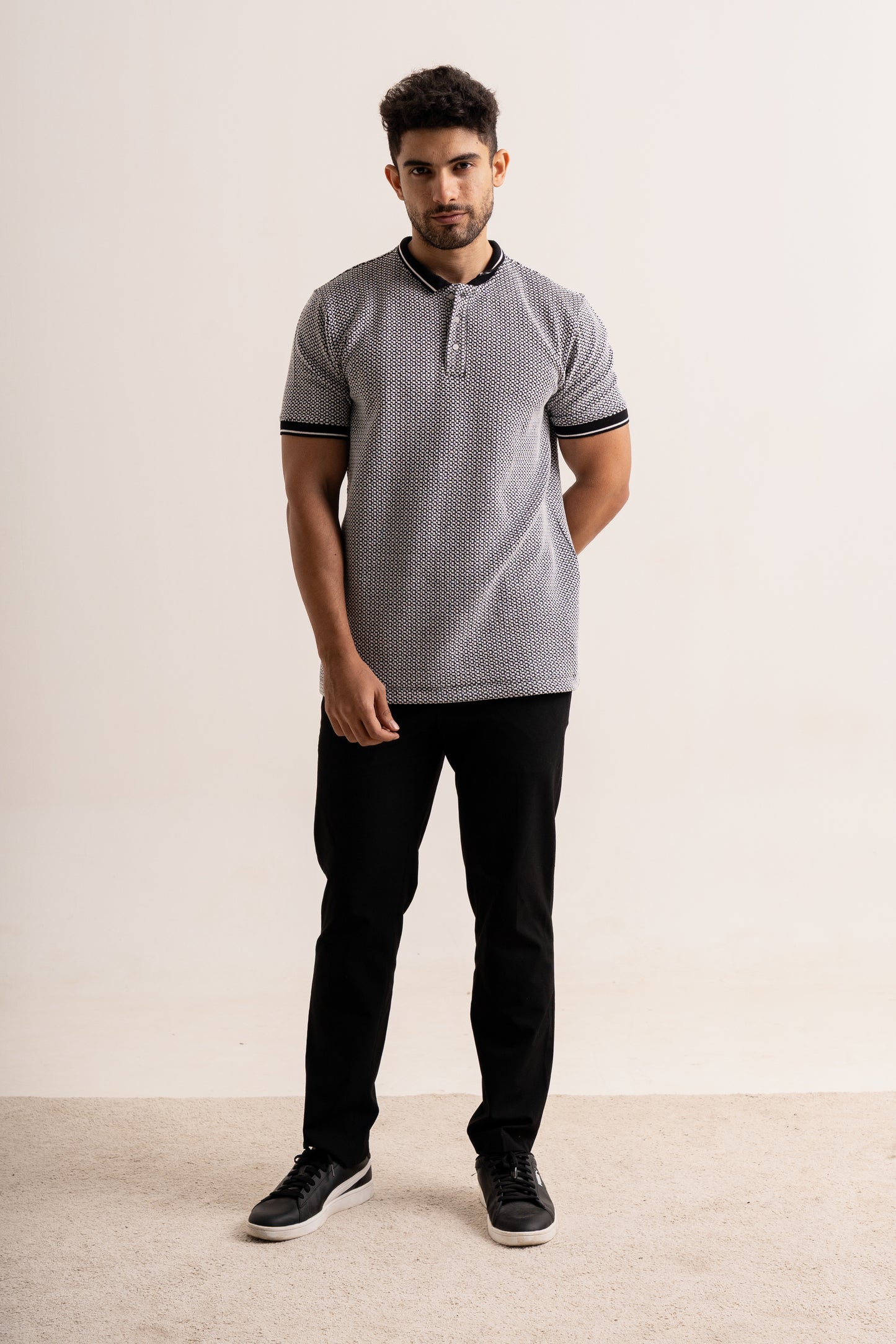 Micro two tone checkered board pattern polo neck half sleeve tshirt in black