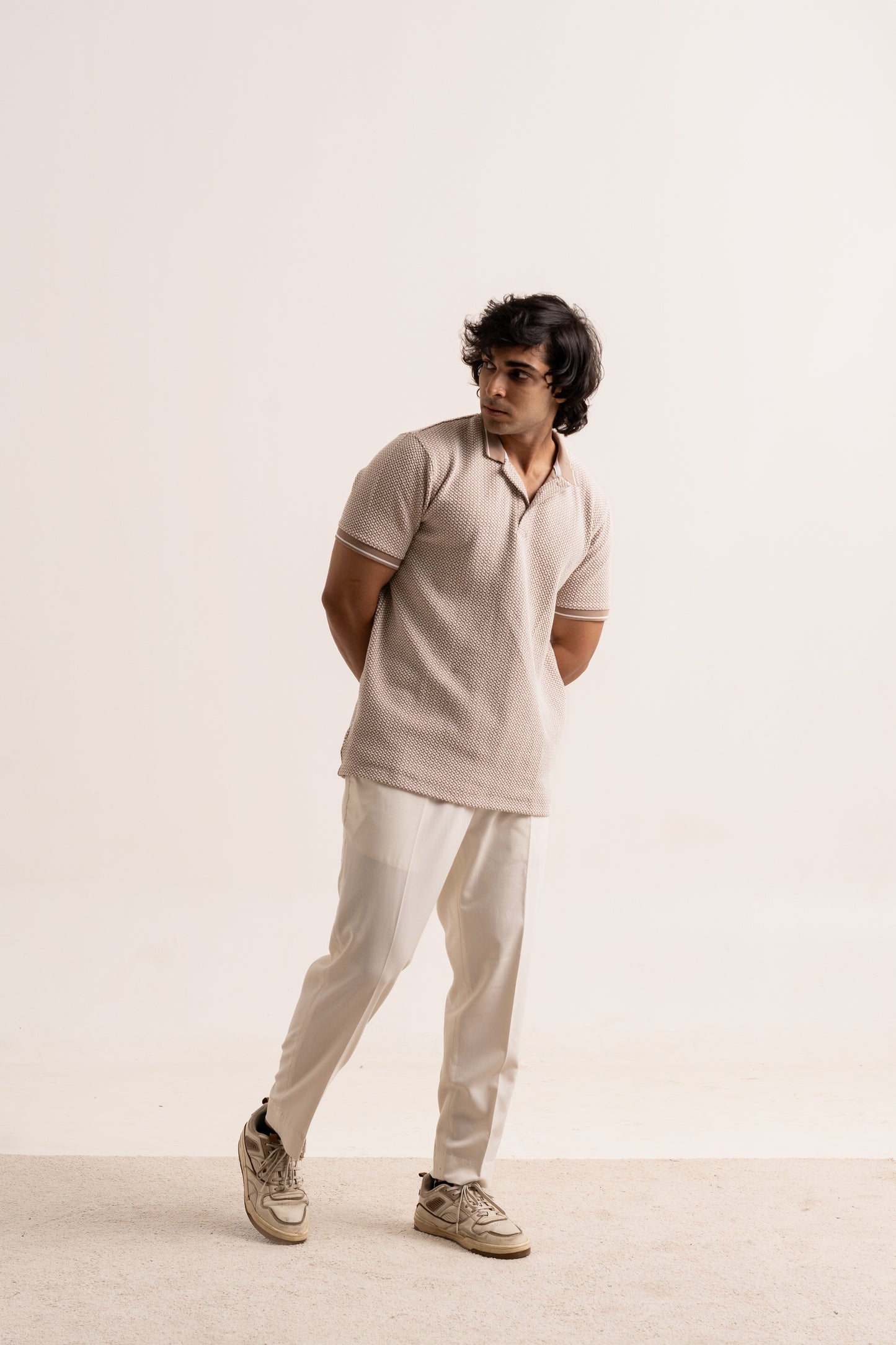 Micro two tone checkered board pattern polo neck half sleeve tshirt