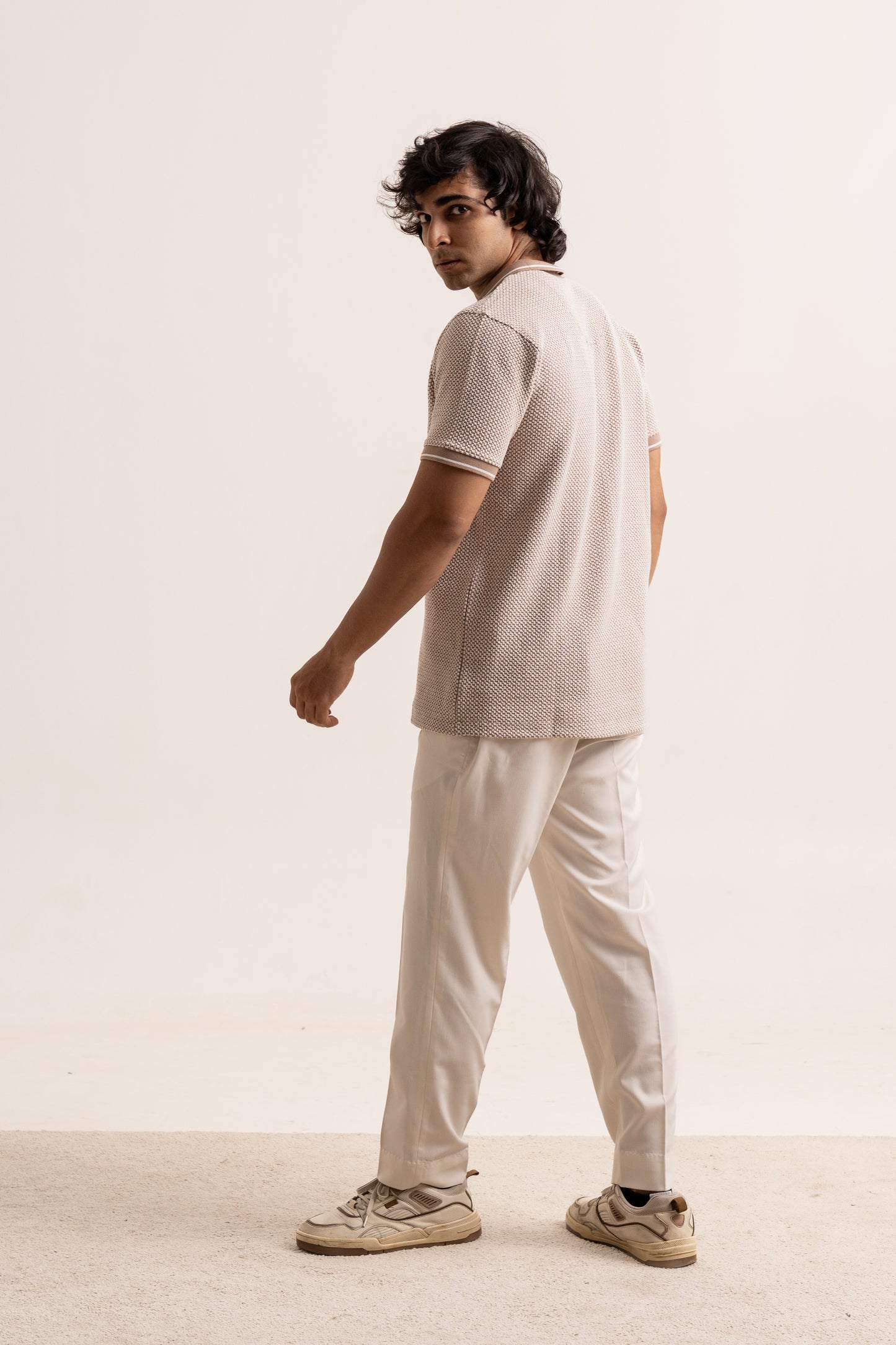 Micro two tone checkered board pattern polo neck half sleeve tshirt