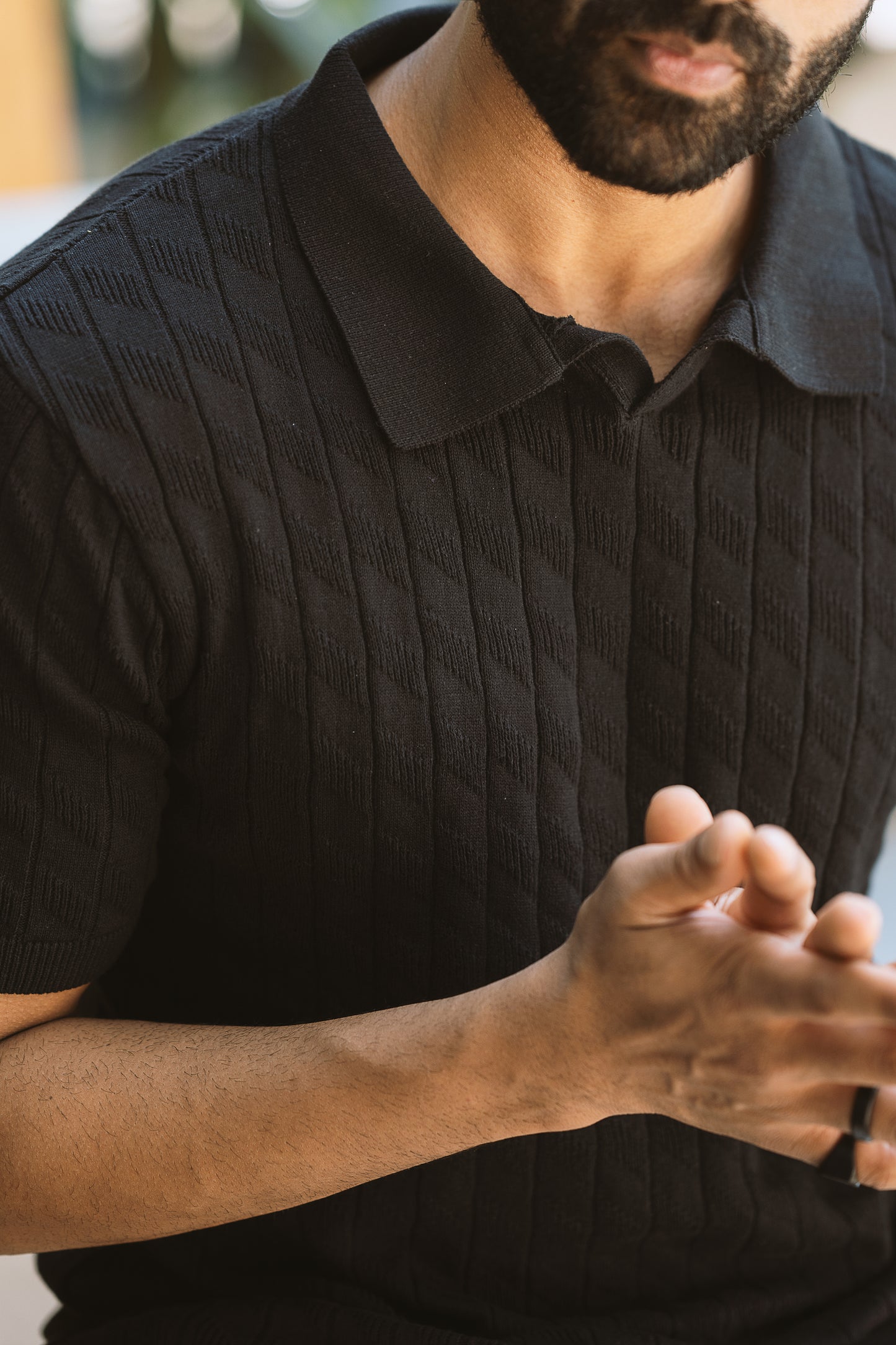 Jacquard textured t polo- Black- half sleeve