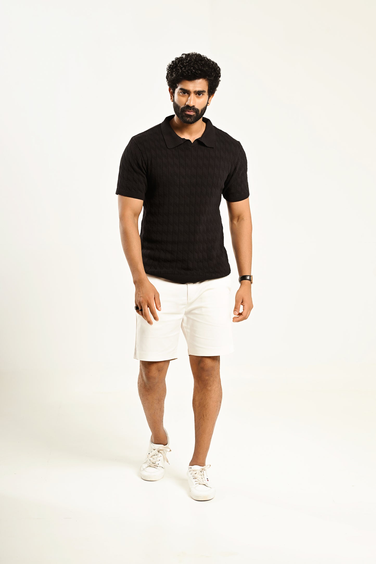 Jacquard textured t polo- Black- half sleeve