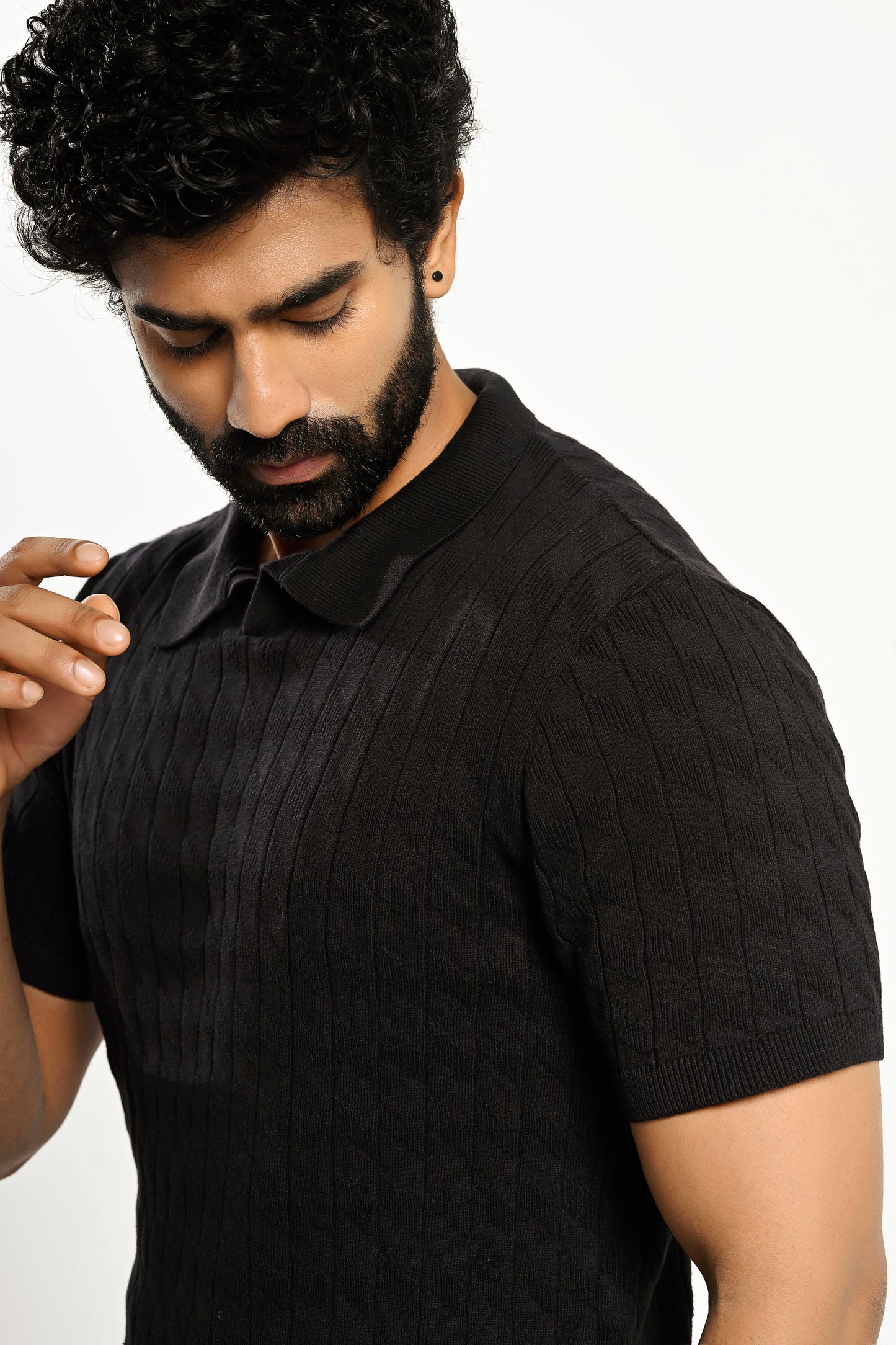 Jacquard textured t polo- Black- half sleeve